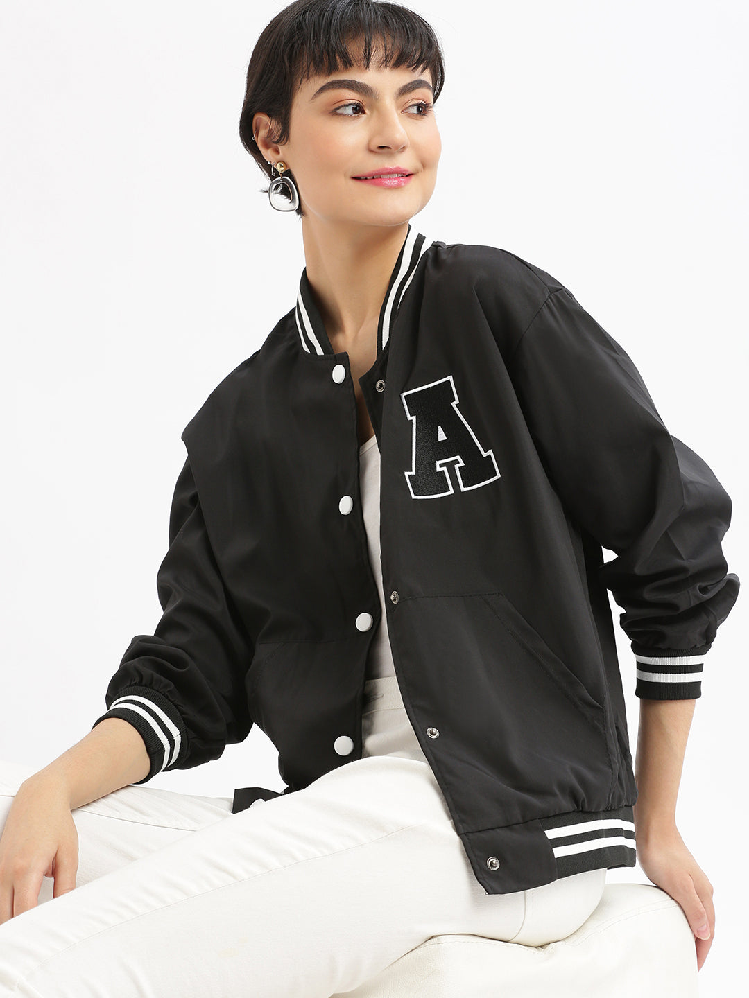 Women's Black Windcheater Crop Bomber Jacket
