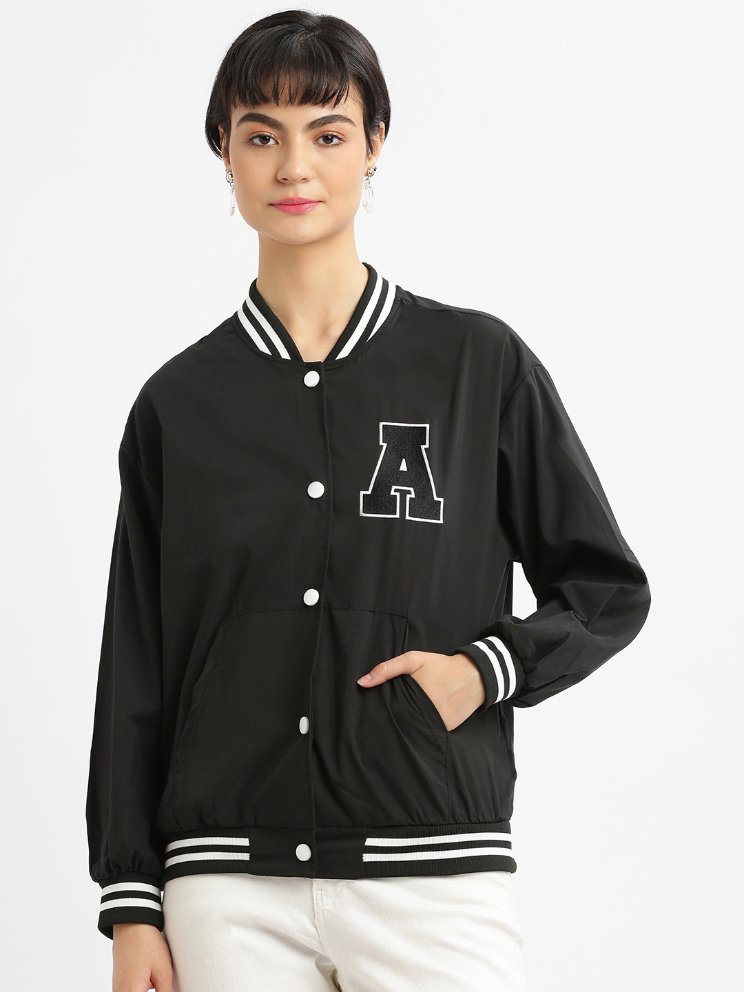 Women's Black Windcheater Crop Bomber Jacket