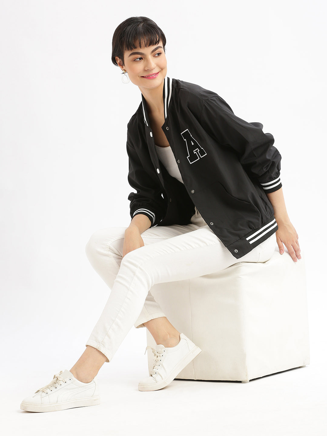 Women's Black Windcheater Crop Bomber Jacket