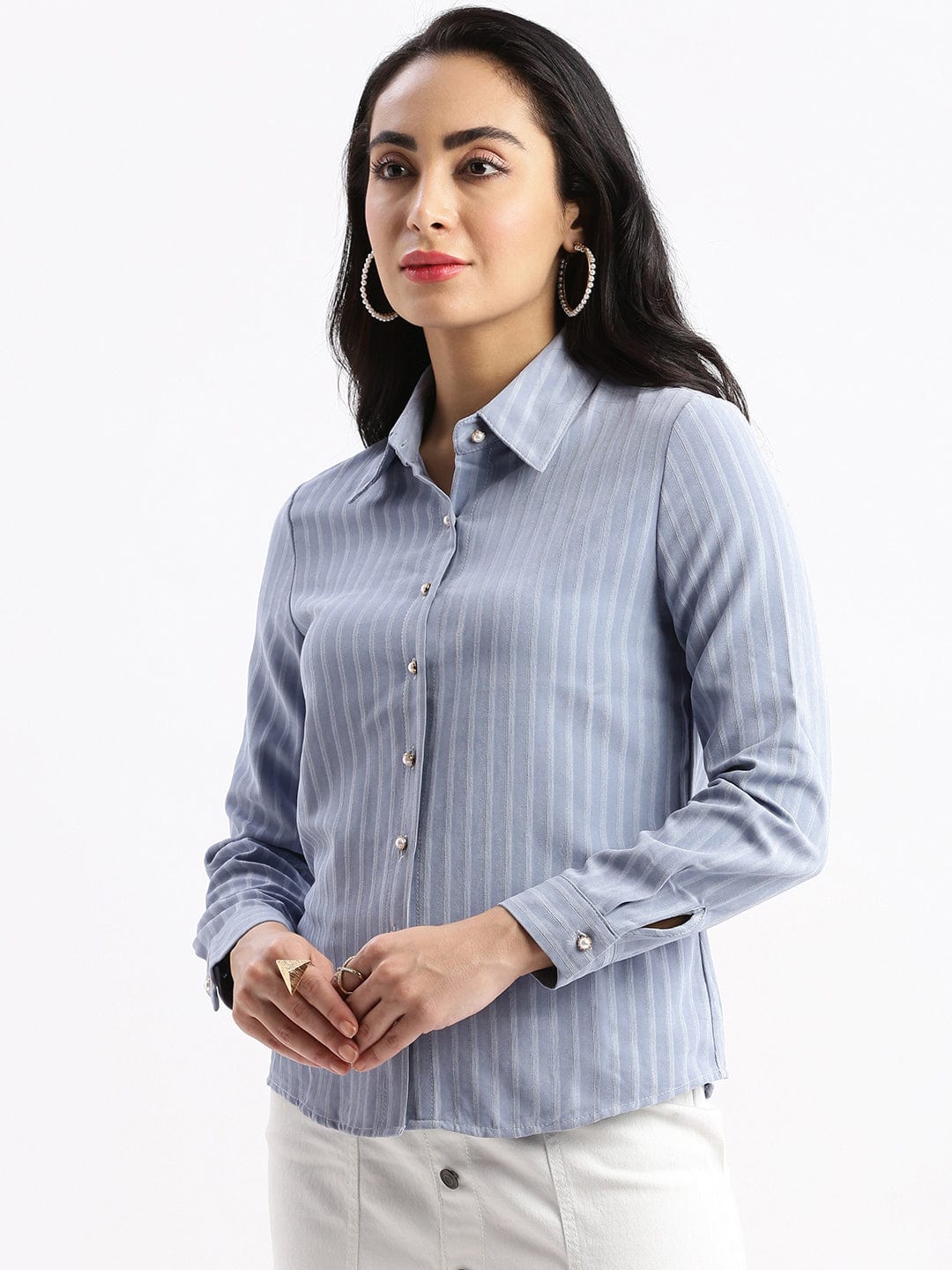 Women's Grey Standard Slim Fit Opaque Striped Casual Shirt