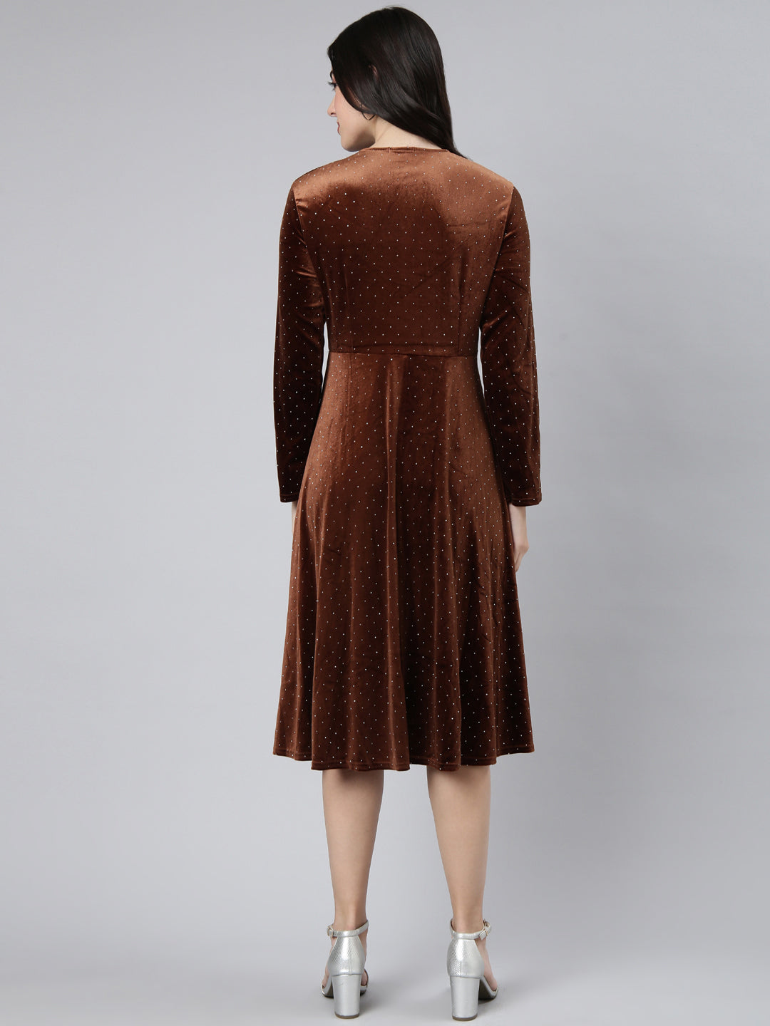 Women's Brown Print Velvet A-Line Midi Dress