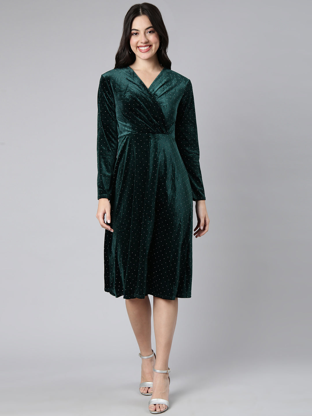 Women's Embellished Green A-Line Dress