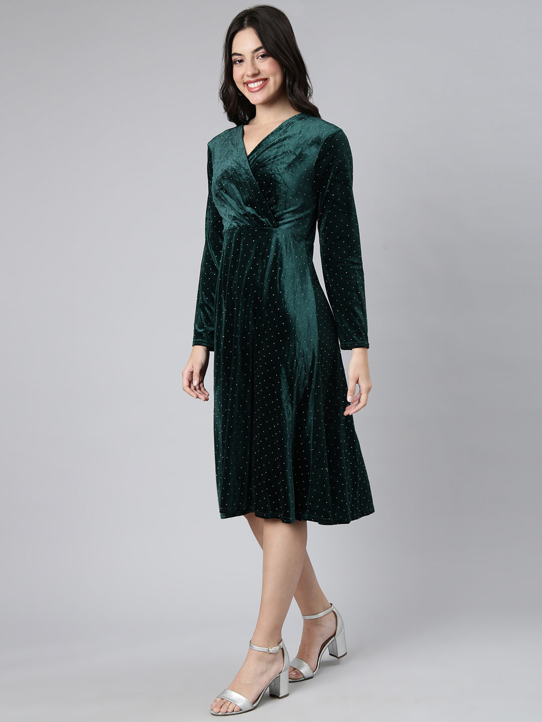 Women's Embellished Green A-Line Dress