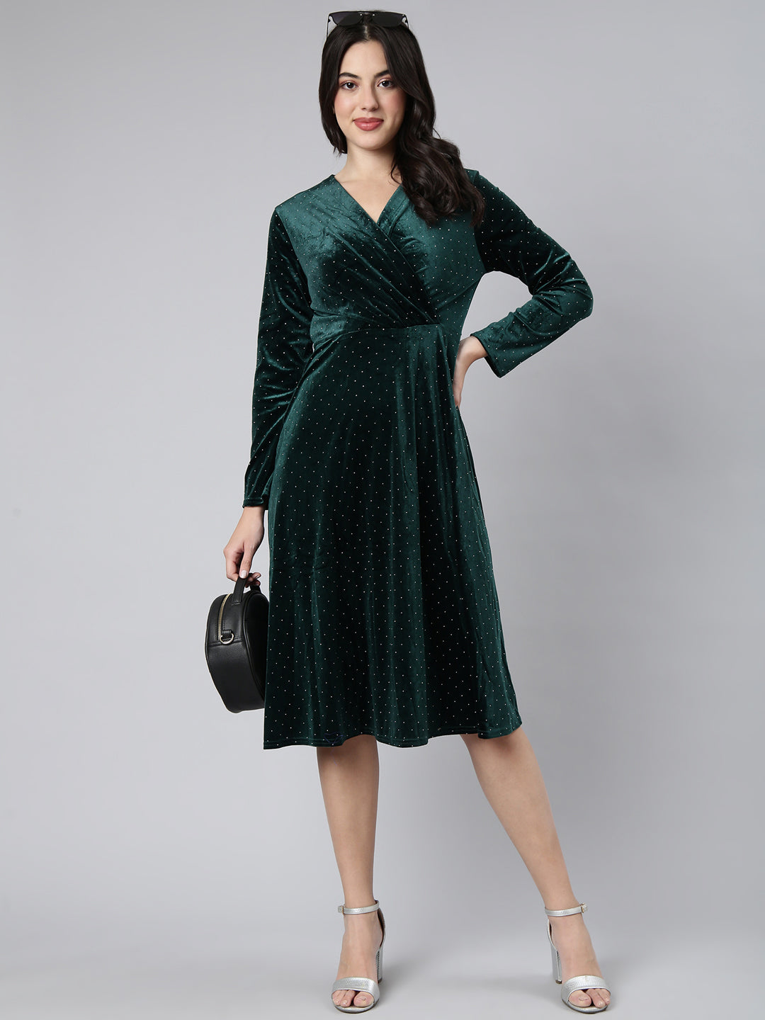 Women's Embellished Green A-Line Dress