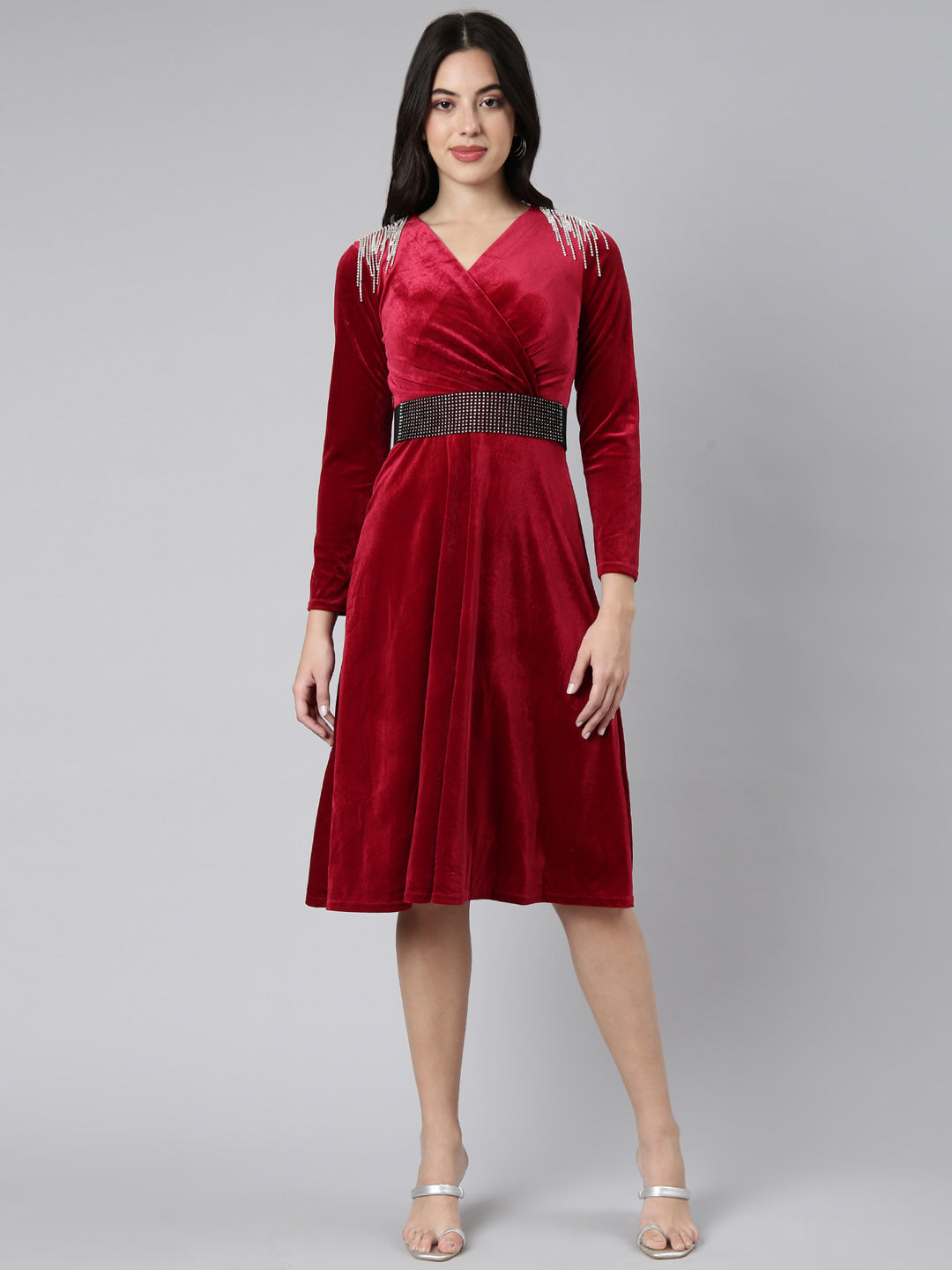 Women's Solid Burgundy Fit and Flare Dress with Belt