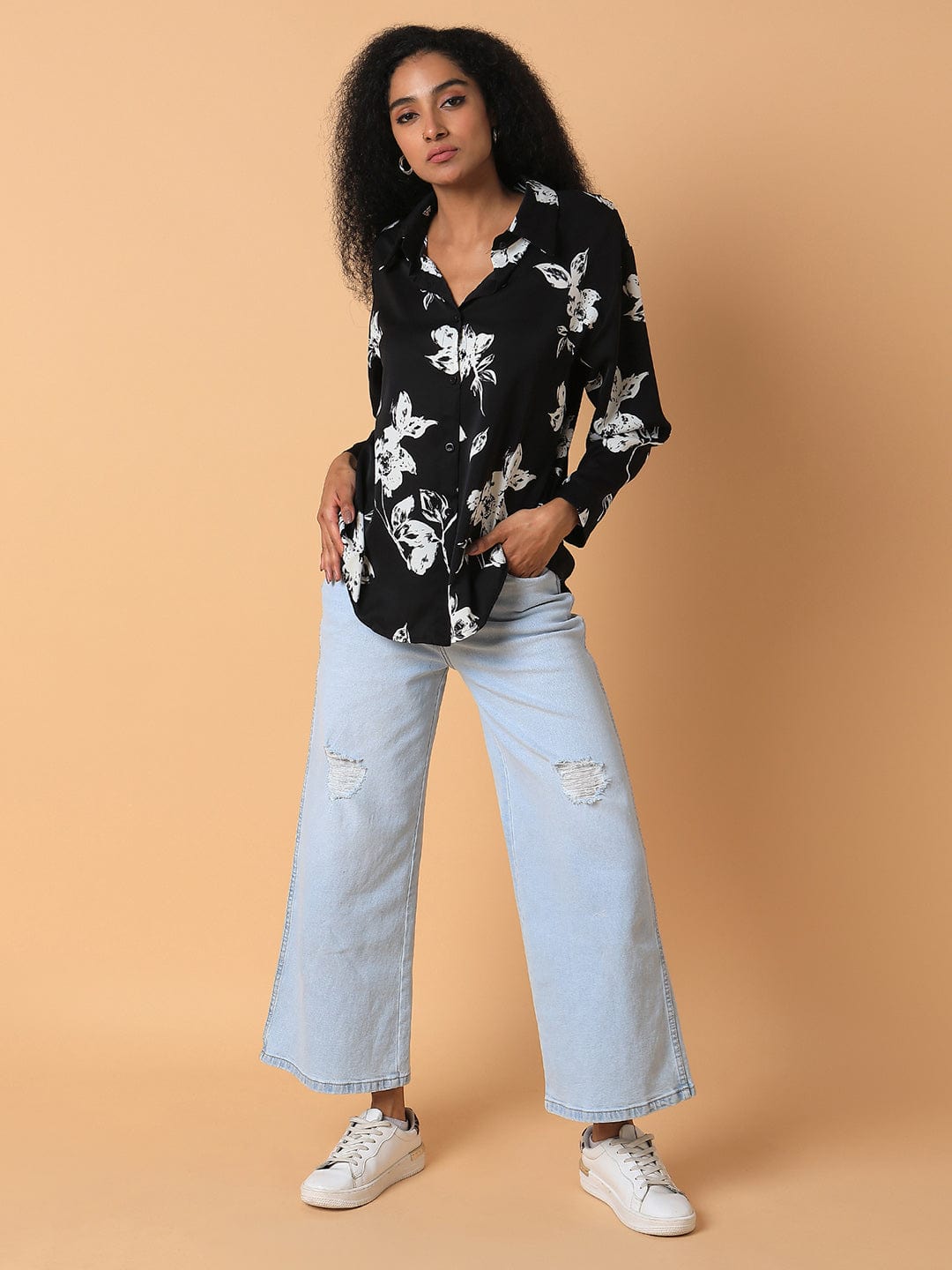 Women's Black Relaxed Floral Opaque Printed Casual Shirt