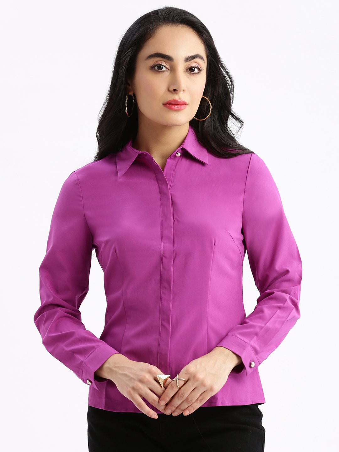 Women's Purple Standard Solid Spread Collar Slim Fit Shirt