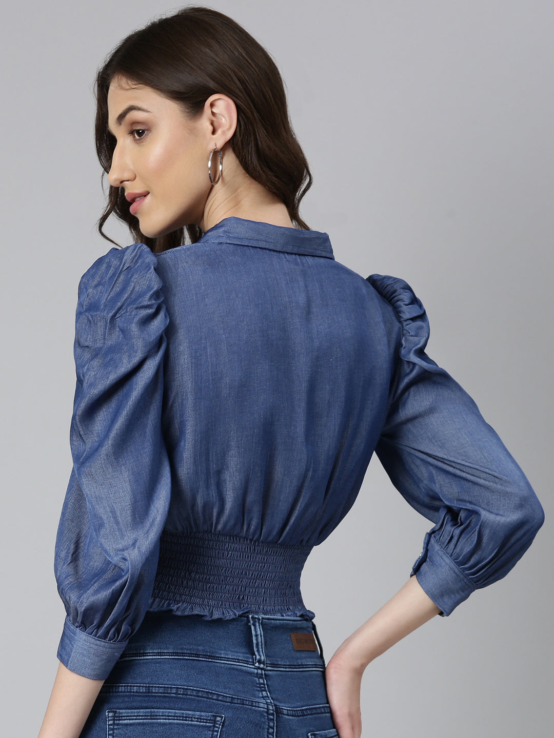 Women's Navy Blue Shirt Collar Cuffed Sleeves Smocked Cotton Shirt Style Crop Top