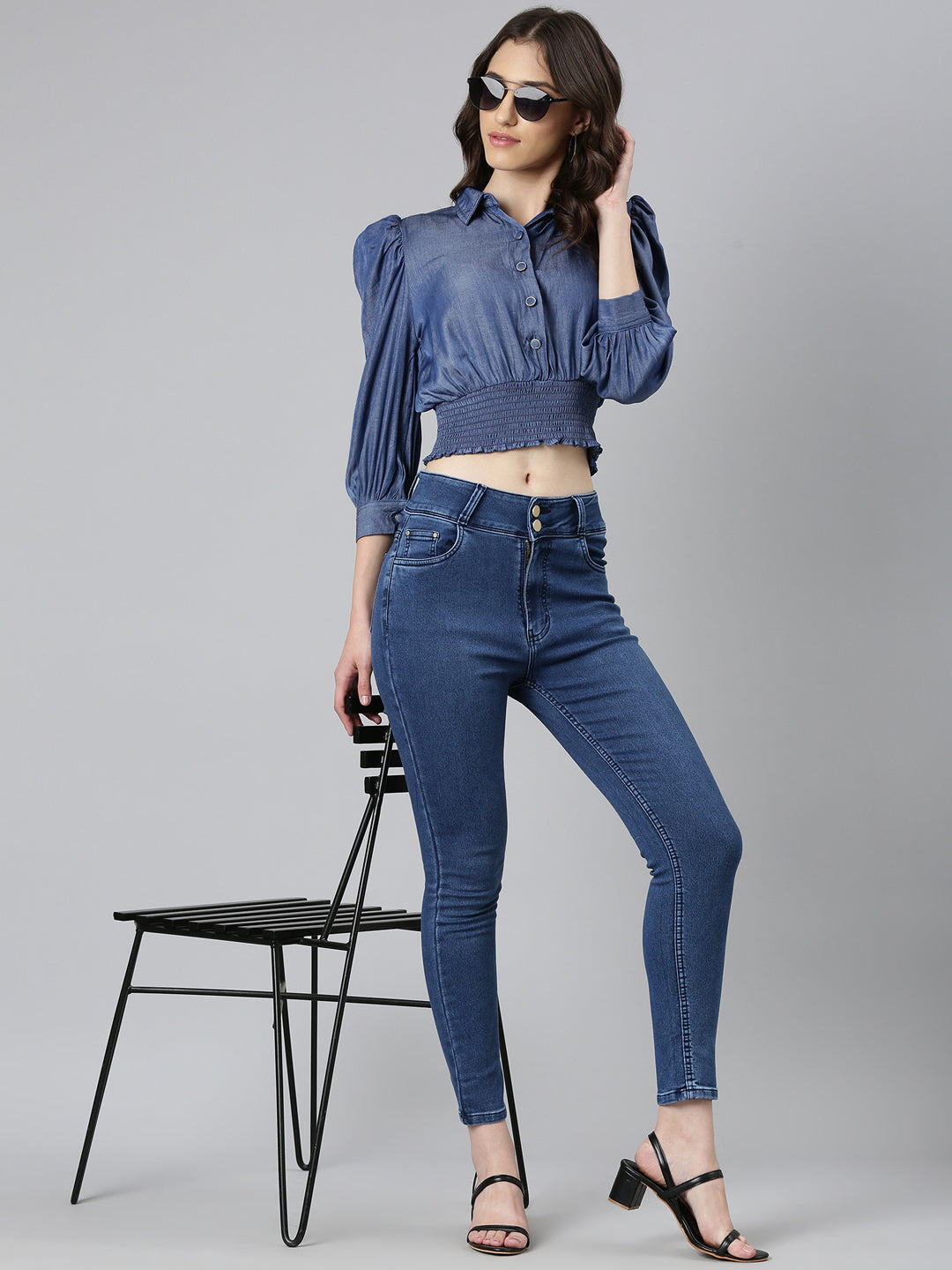 Women's Navy Blue Shirt Collar Cuffed Sleeves Smocked Cotton Shirt Style Crop Top
