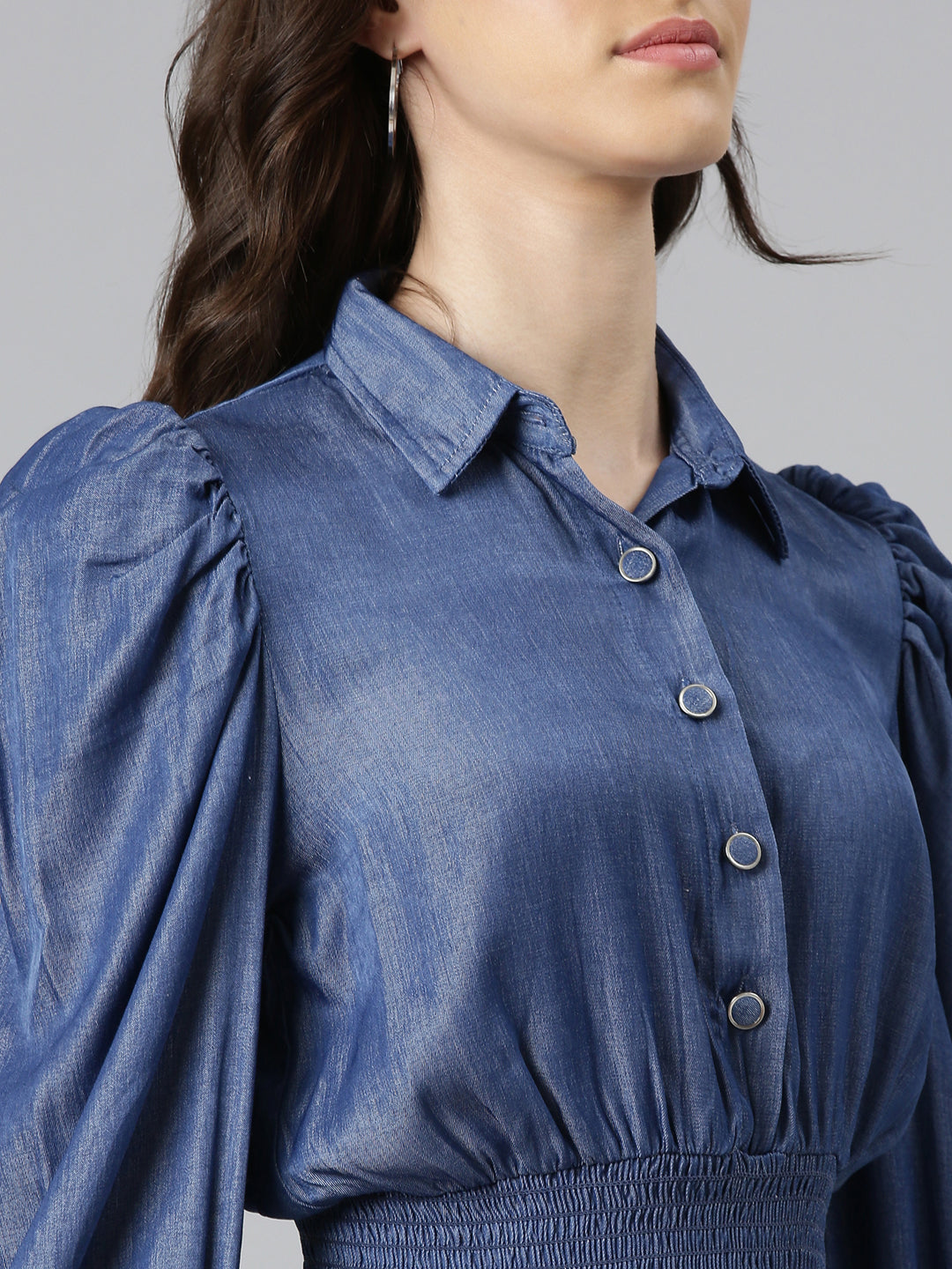 Women's Navy Blue Shirt Collar Cuffed Sleeves Smocked Cotton Shirt Style Crop Top