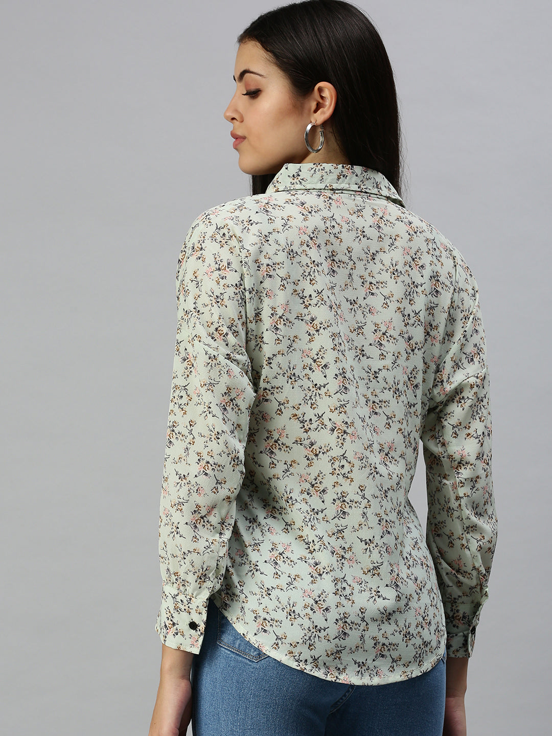 Women's Green Contemporary Slim Fit Floral Semi Sheer Printed Casual Shirt