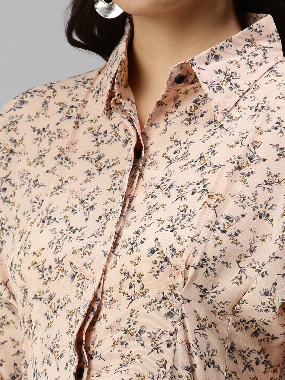 Women's Peach Contemporary Slim Fit Floral Semi Sheer Printed Casual Shirt