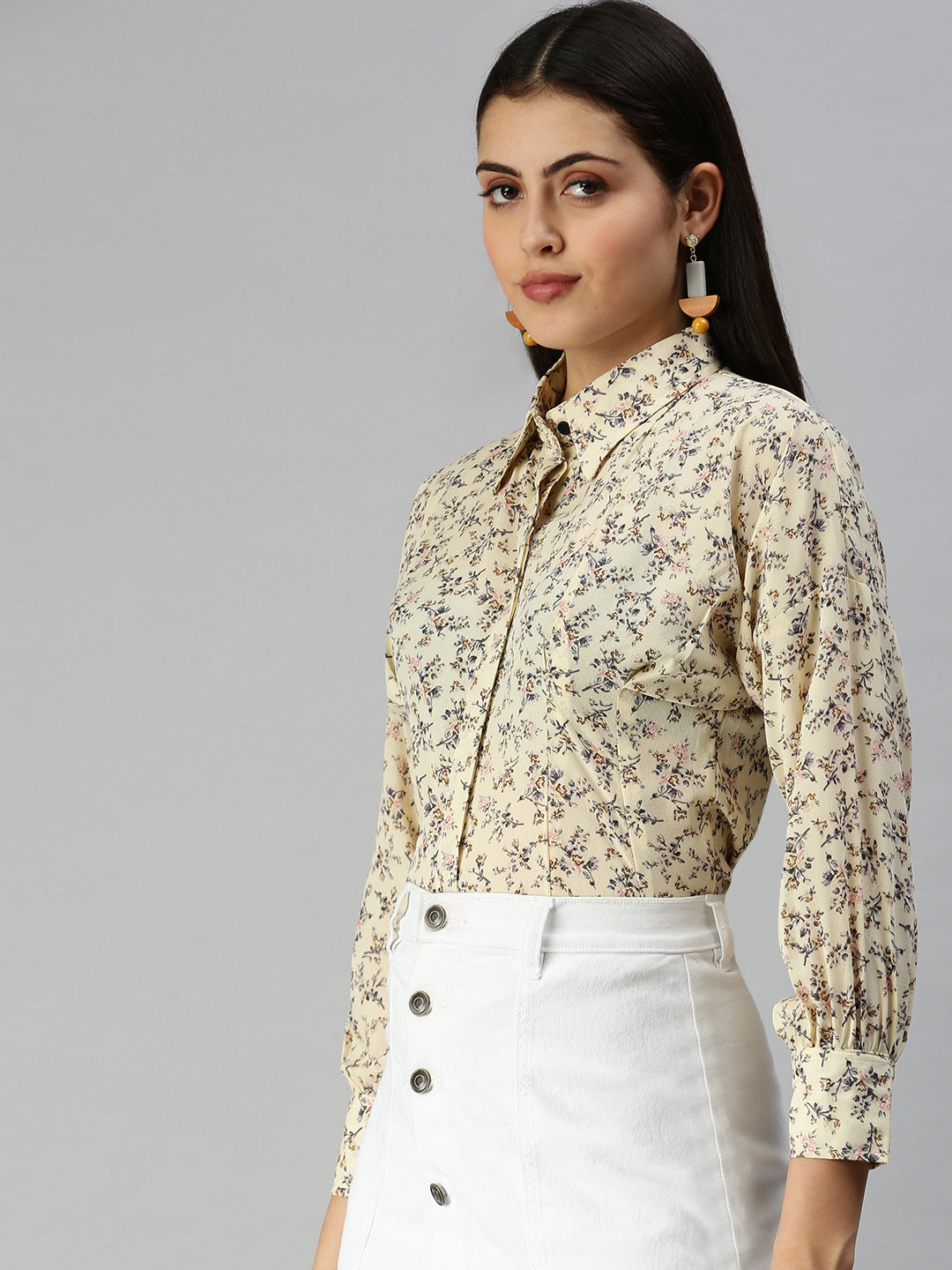 Women's Yellow Contemporary Slim Fit Floral Semi Sheer Printed Casual Shirt