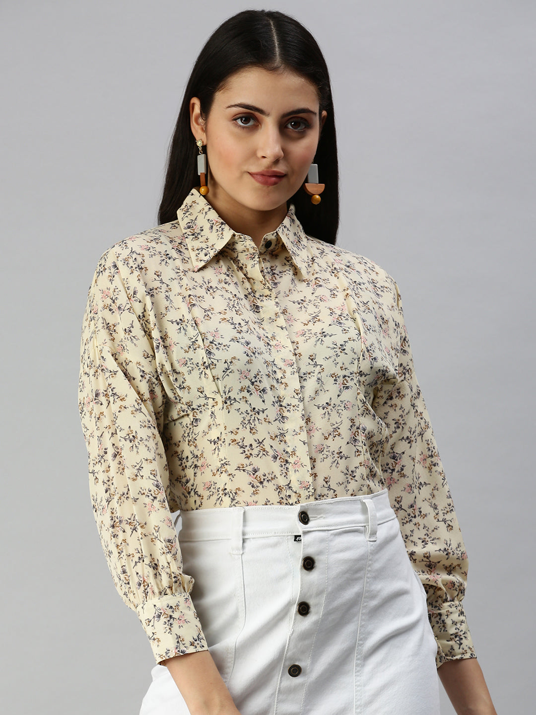 Women's Yellow Contemporary Slim Fit Floral Semi Sheer Printed Casual Shirt