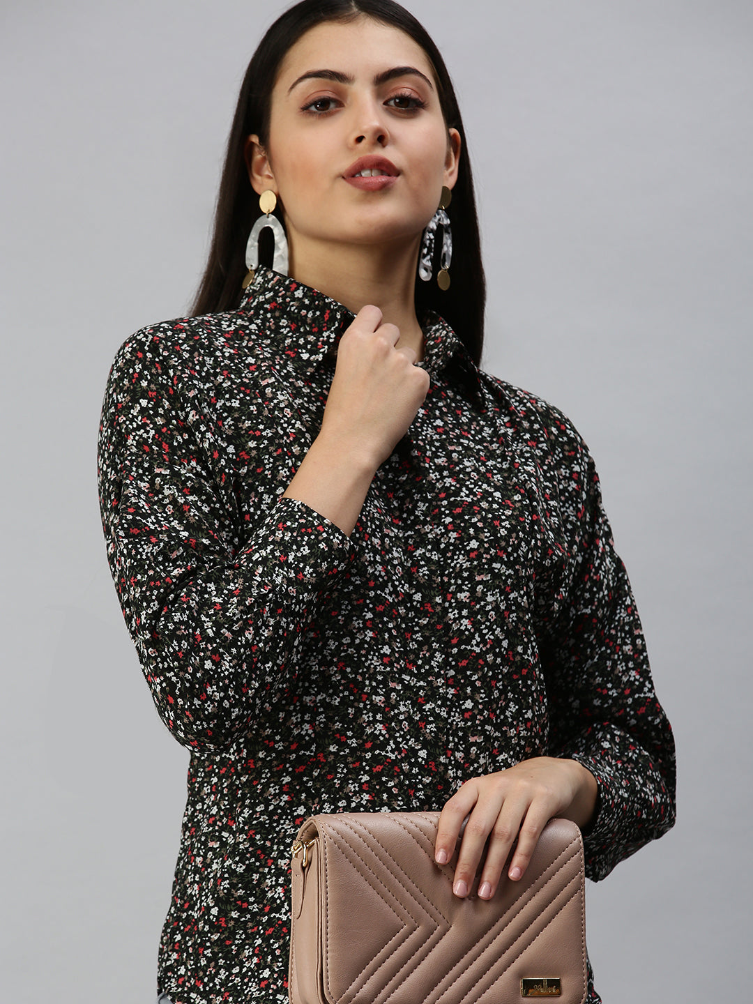 Women's Black Contemporary Slim Fit Floral Semi Sheer Printed Casual Shirt