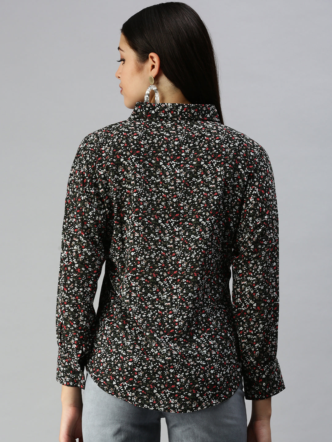 Women's Black Contemporary Slim Fit Floral Semi Sheer Printed Casual Shirt