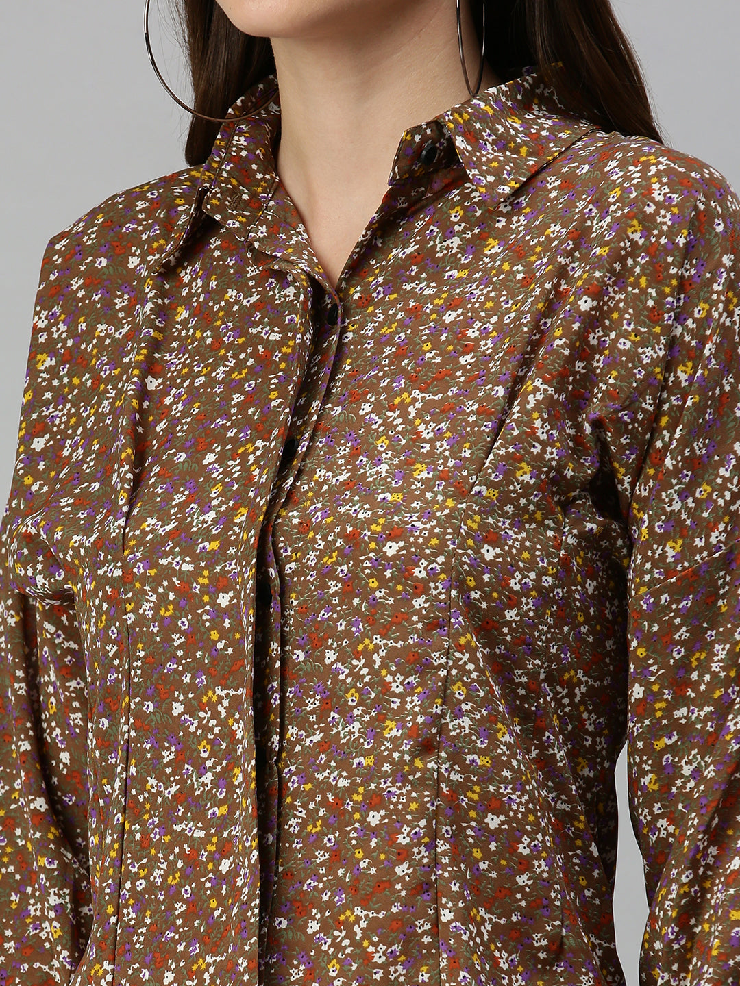 Women's Brown Contemporary Slim Fit Floral Semi Sheer Printed Casual Shirt