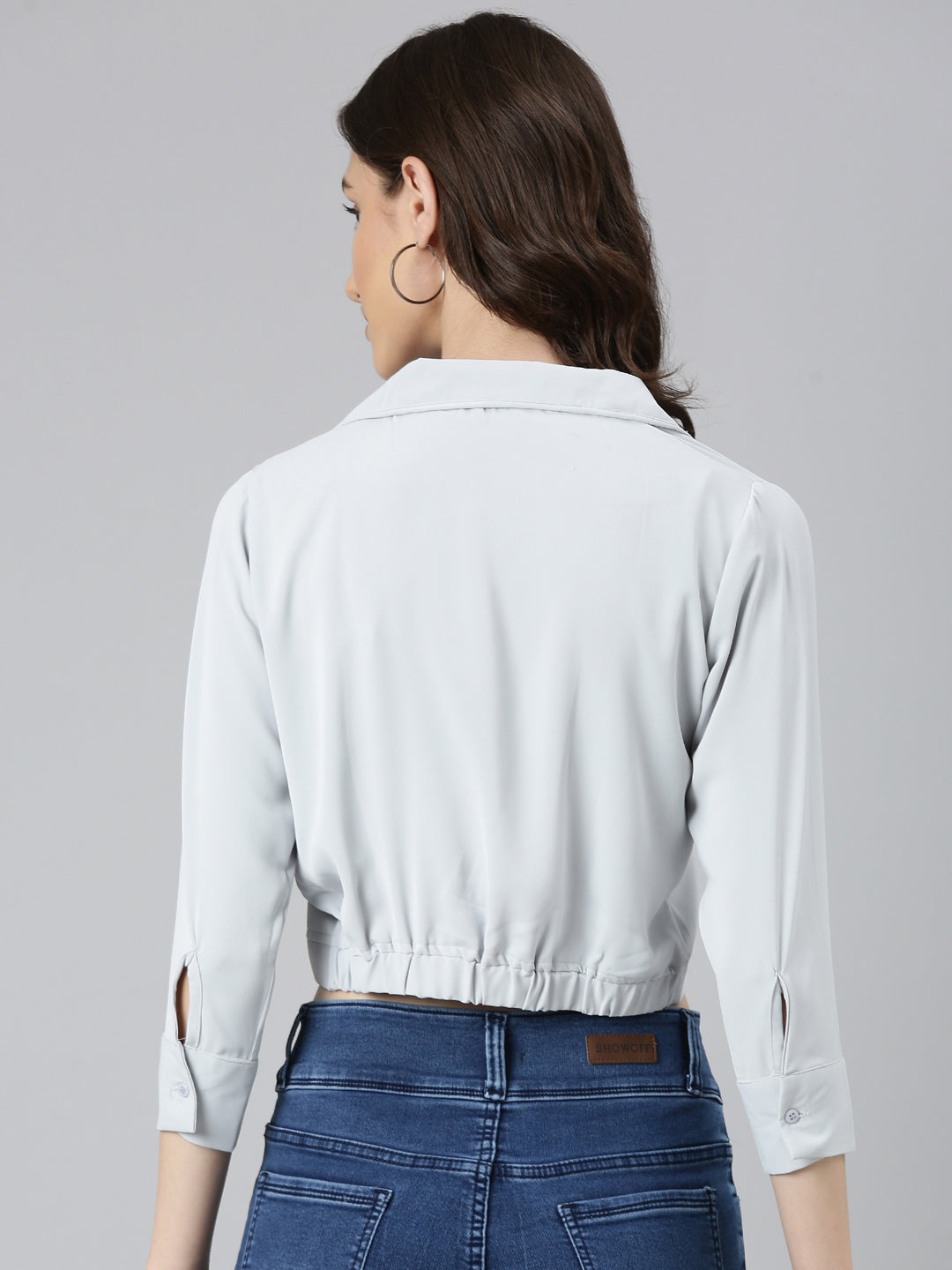 Women's Grey Shirt Collar Cuffed Sleeves Pockets Shirt Style Crop Top