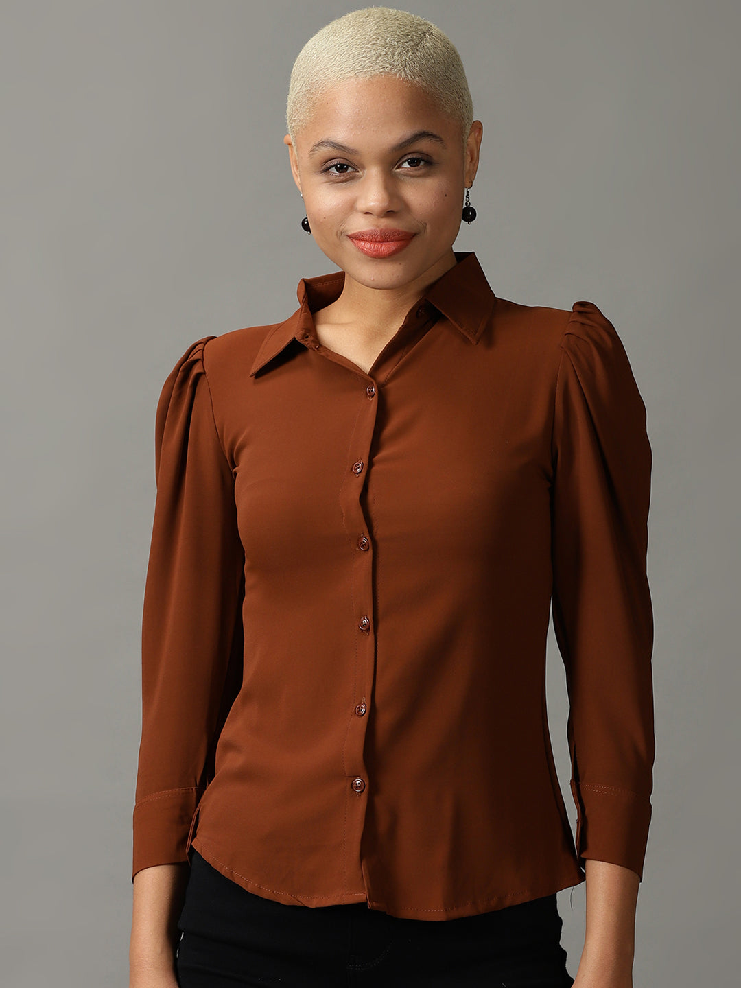 Women's Brown Spread Collar Casual Shirt