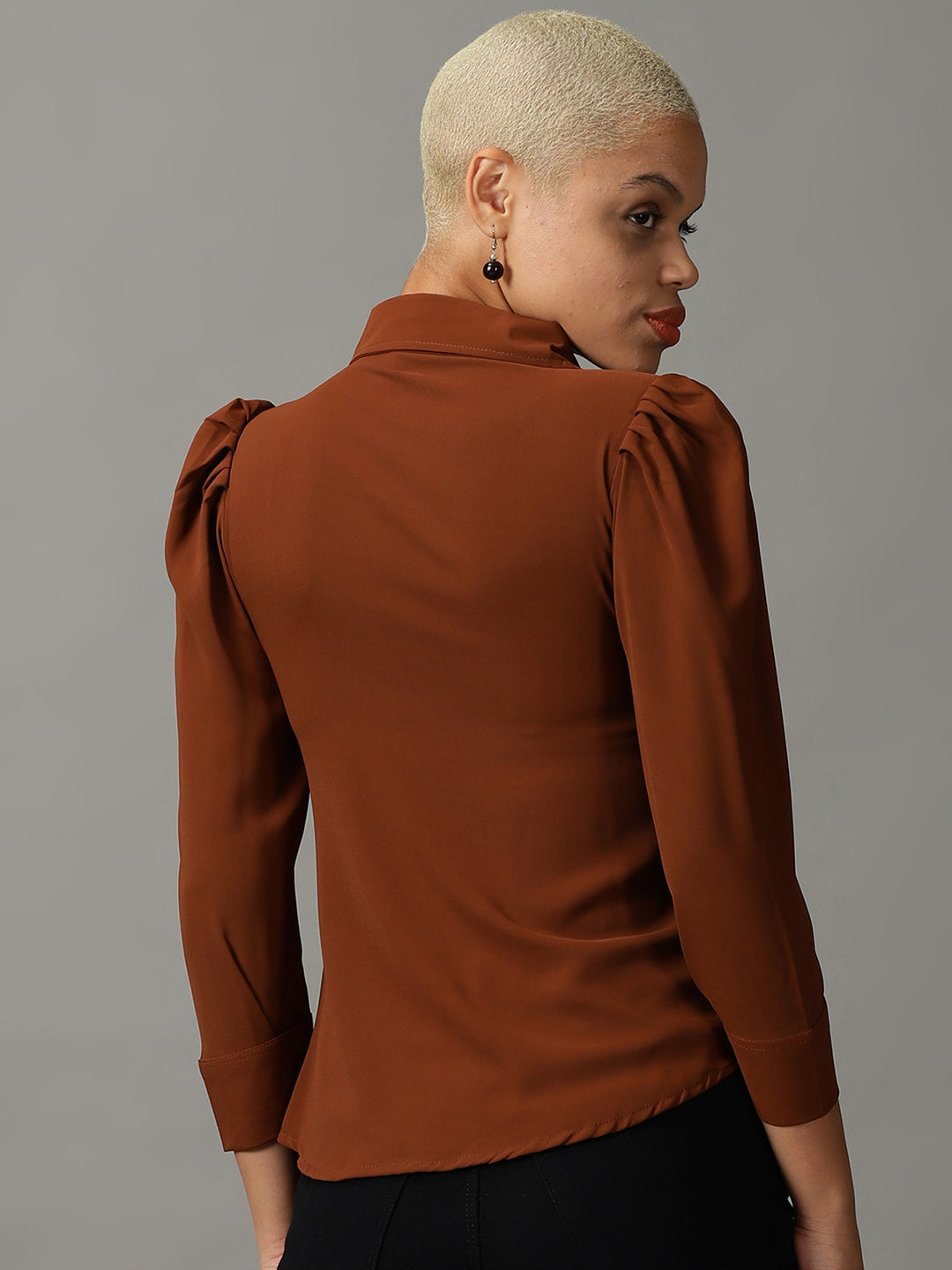 Women's Brown Spread Collar Casual Shirt