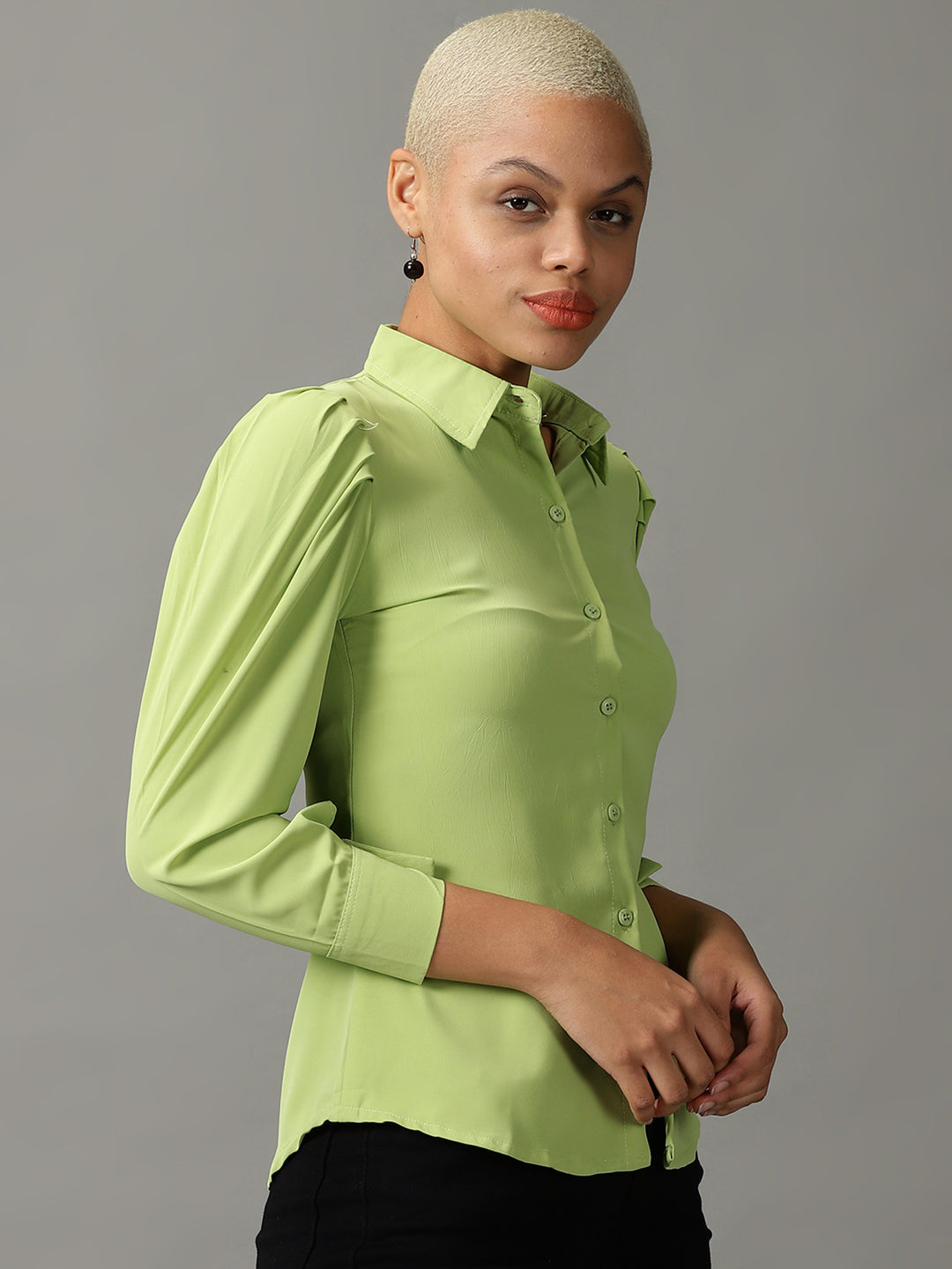 Women's Lime Green Spread Collar Casual Shirt