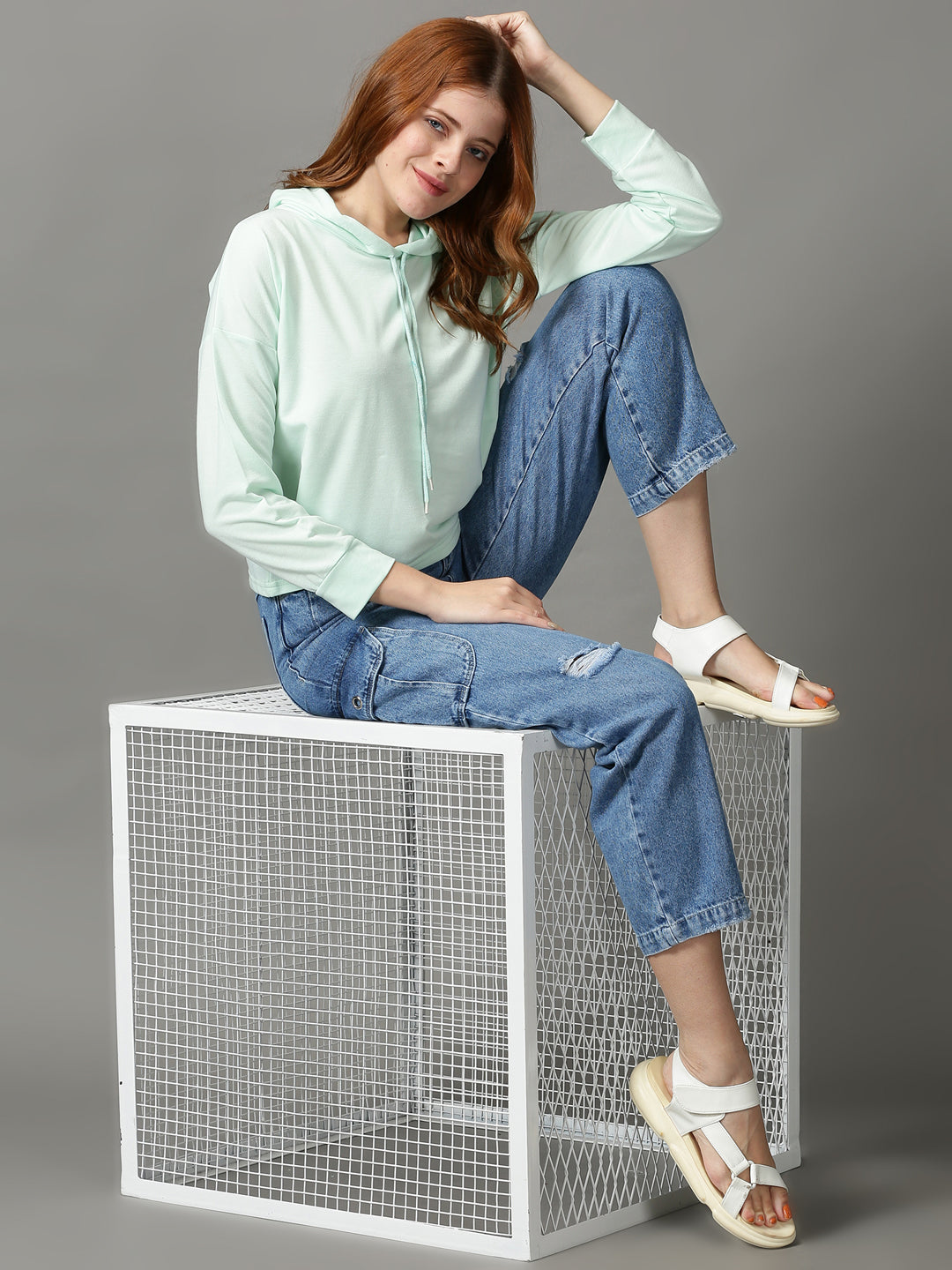 Women's Sea Green Long Sleeves Hooded Top
