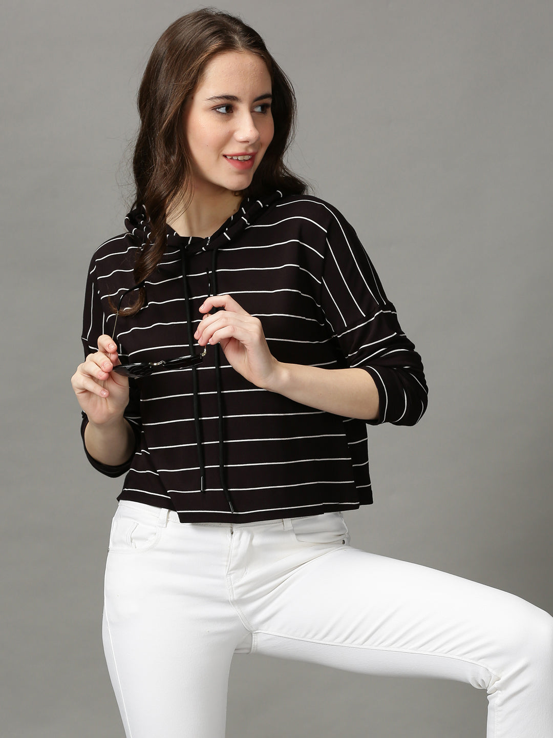 Women's Black Striped Extended Sleeves Crop Top