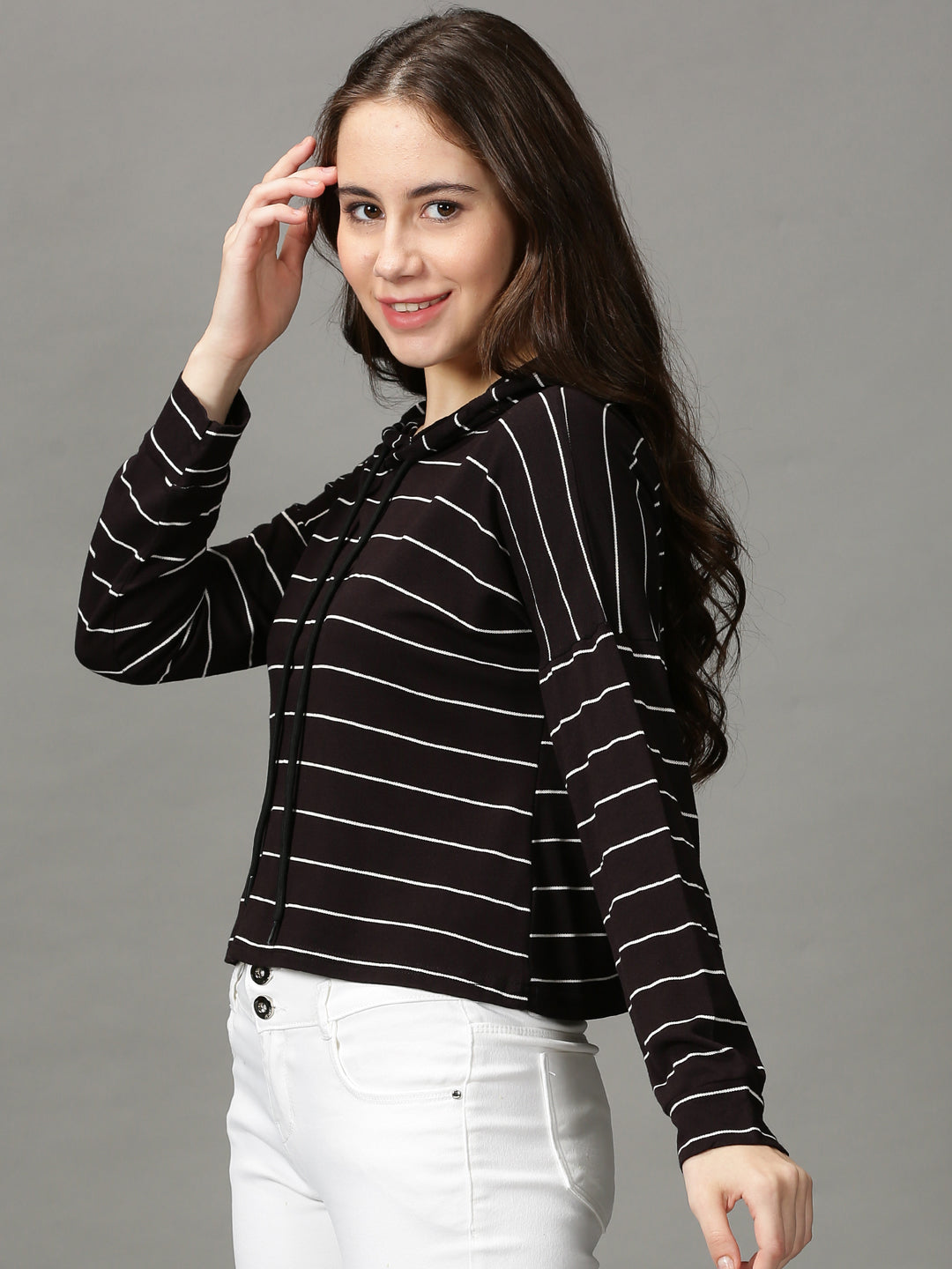 Women's Black Striped Extended Sleeves Crop Top