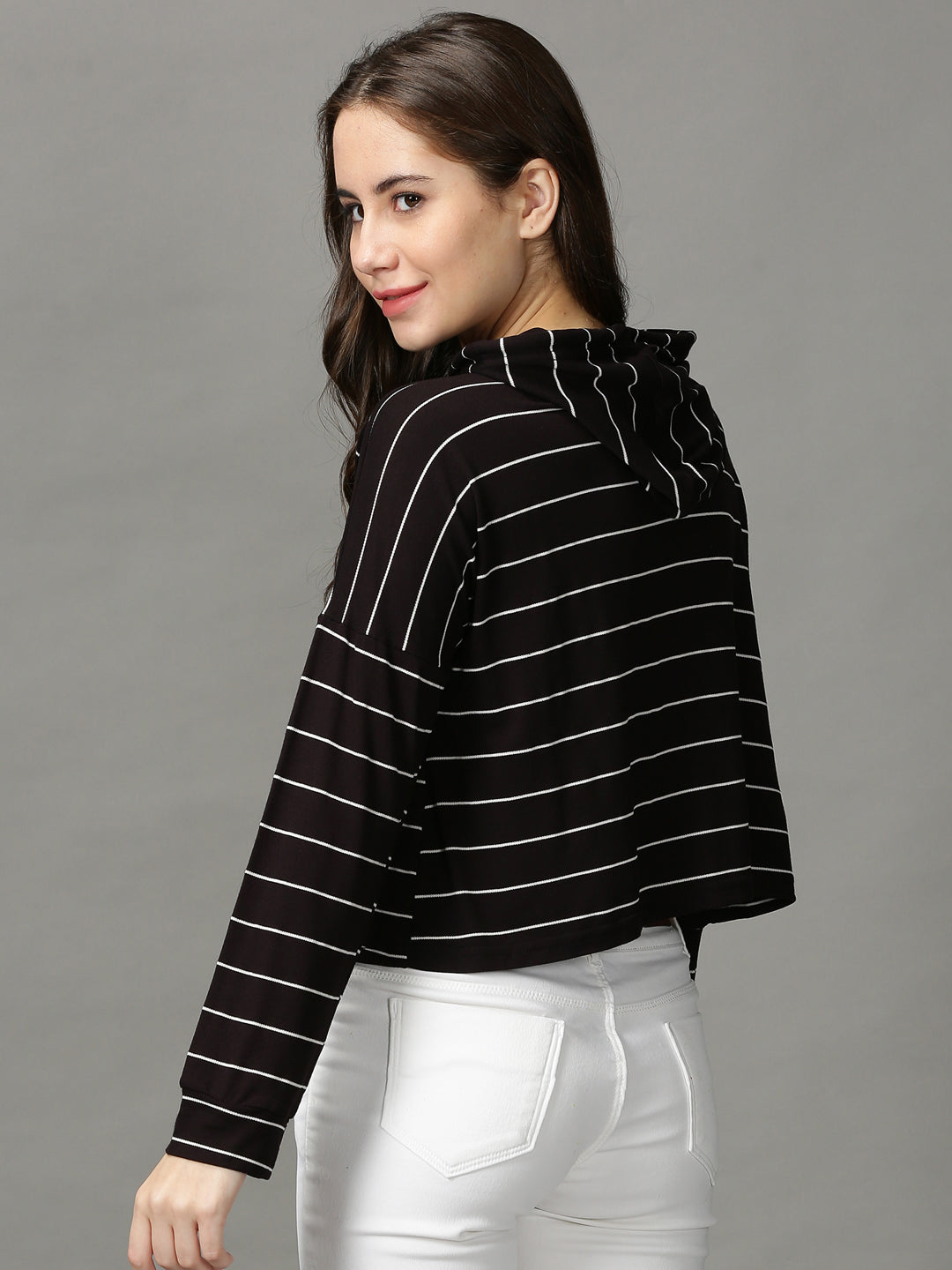 Women's Black Striped Extended Sleeves Crop Top