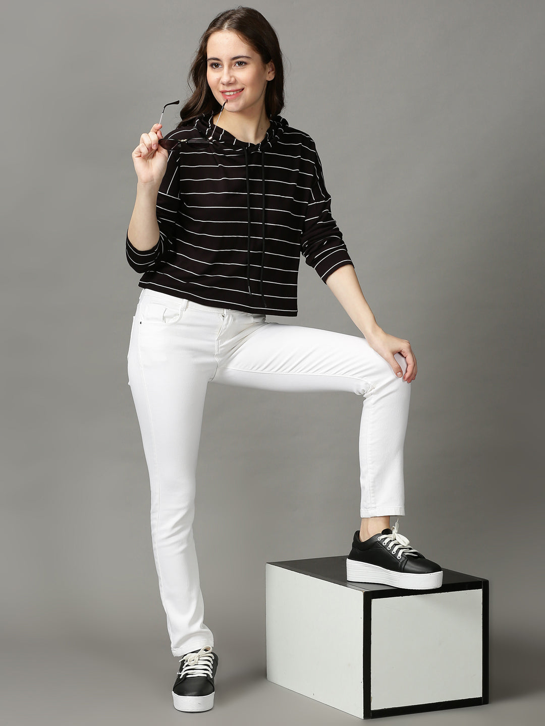 Women's Black Striped Extended Sleeves Crop Top