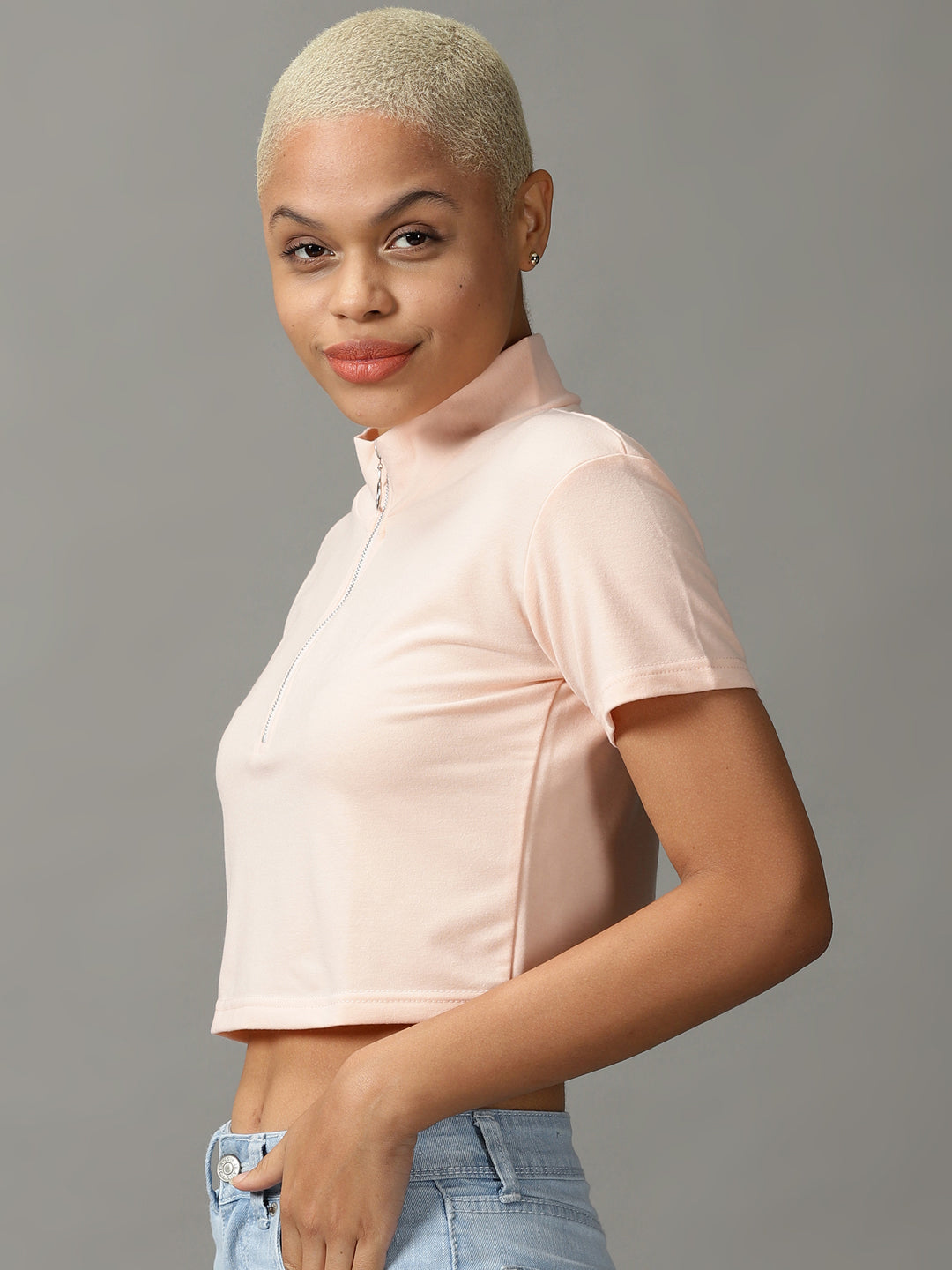 Women's Peach High Neck Short Sleeves Crop Top