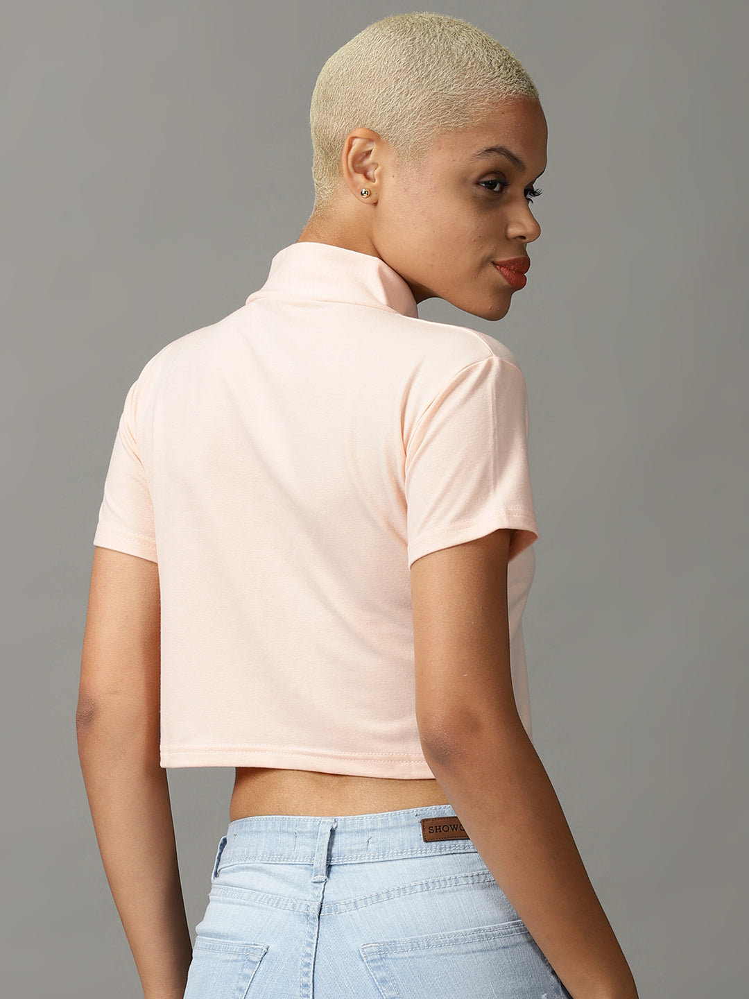 Women's Peach High Neck Short Sleeves Crop Top