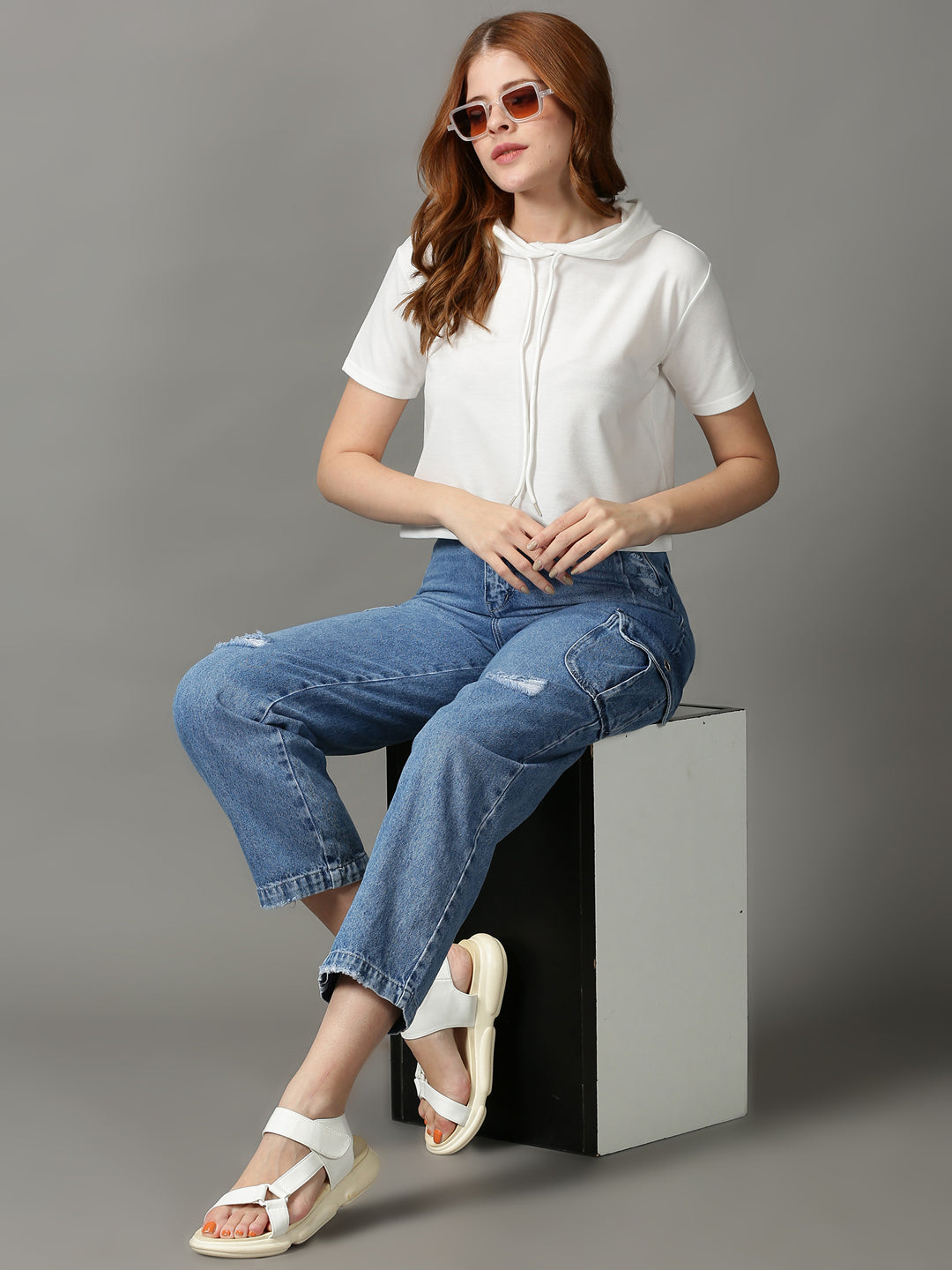 Women's White Boxy Hooded Top