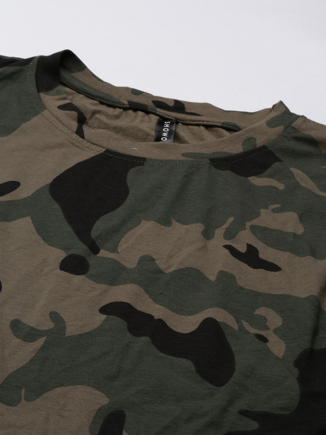 Women's Olive Camouflage Printed Round Neck Crop Top
