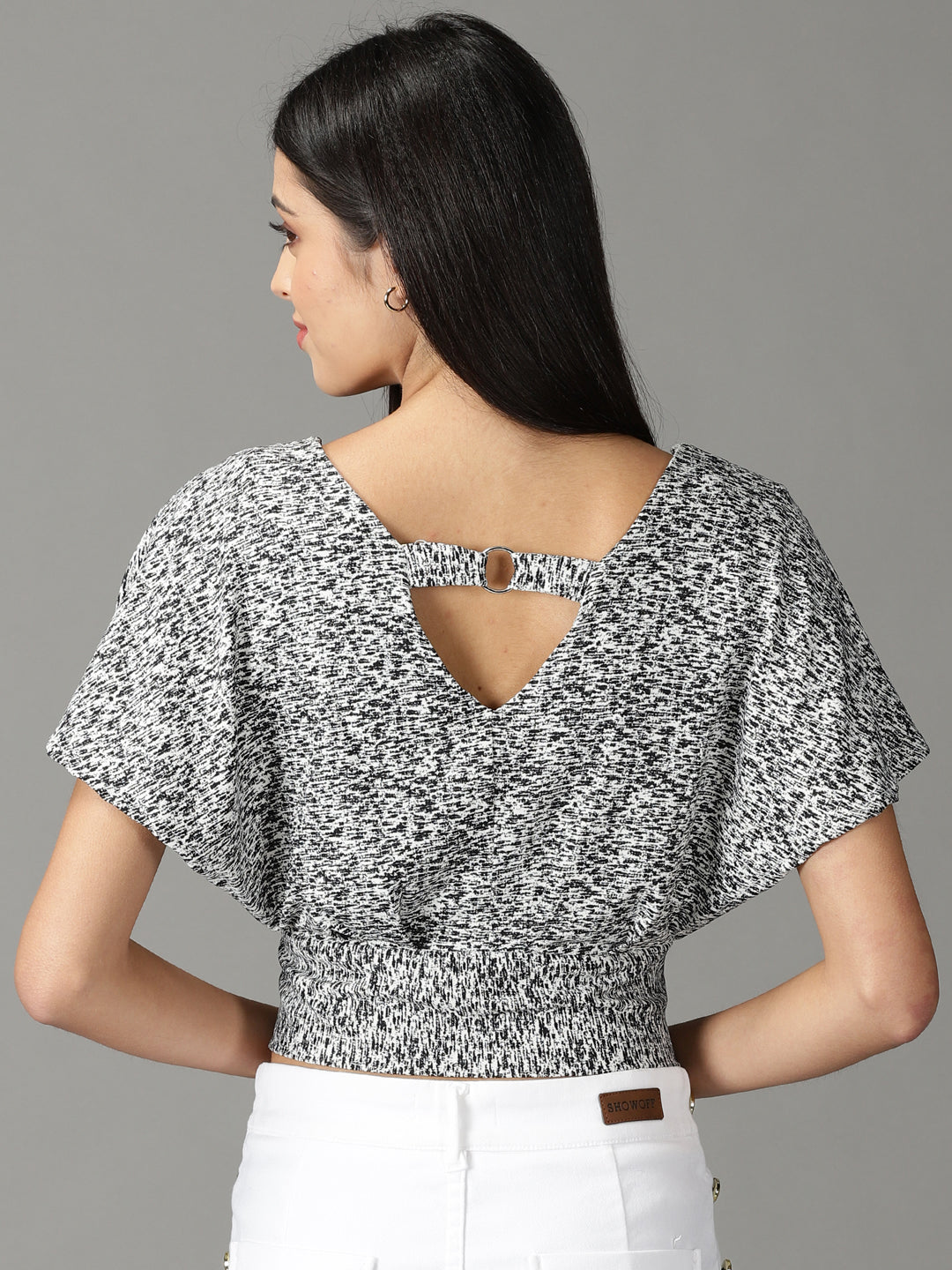Women's Black Print Extended Sleeves Crop Top