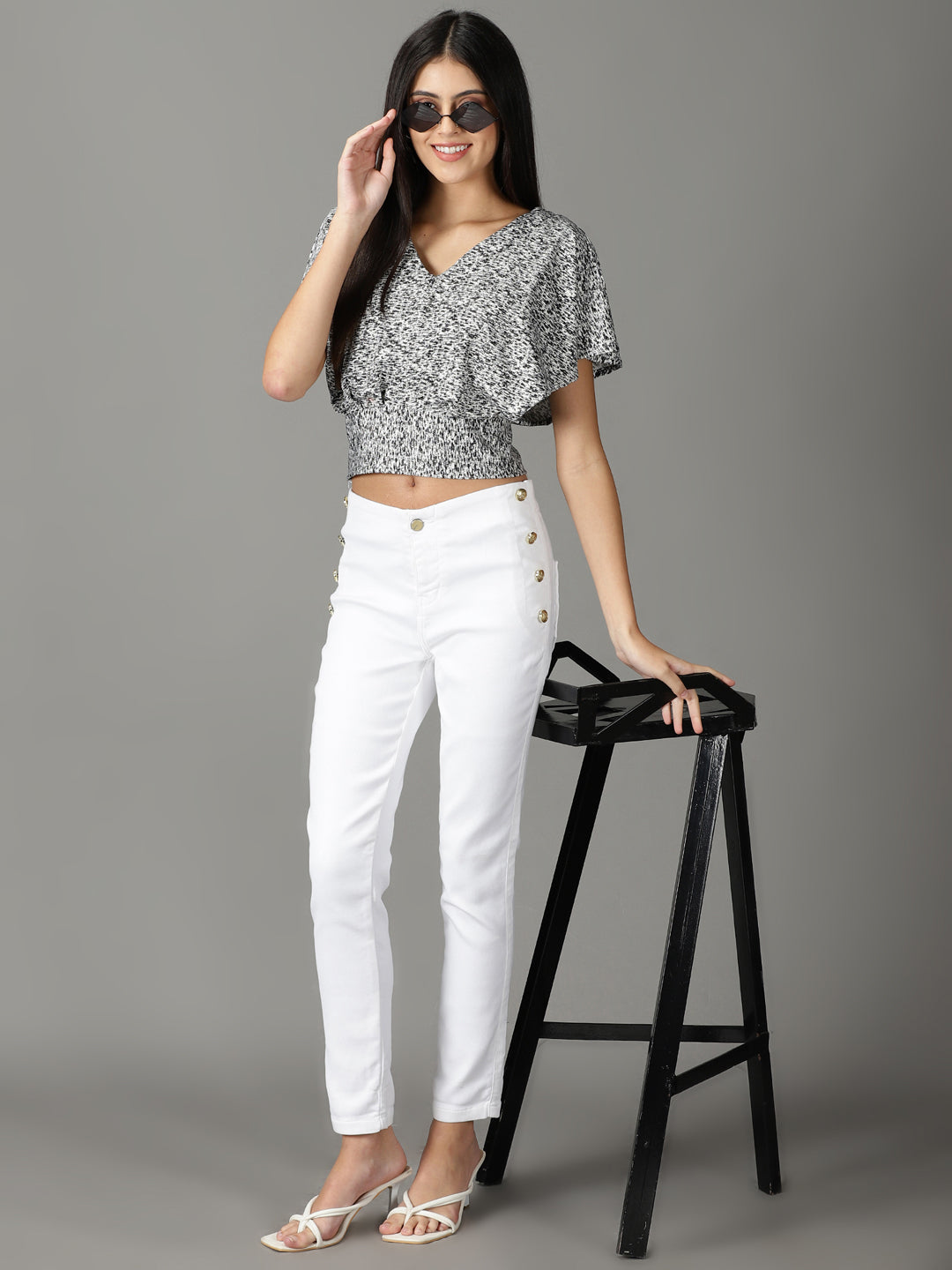 Women's Black Print Extended Sleeves Crop Top