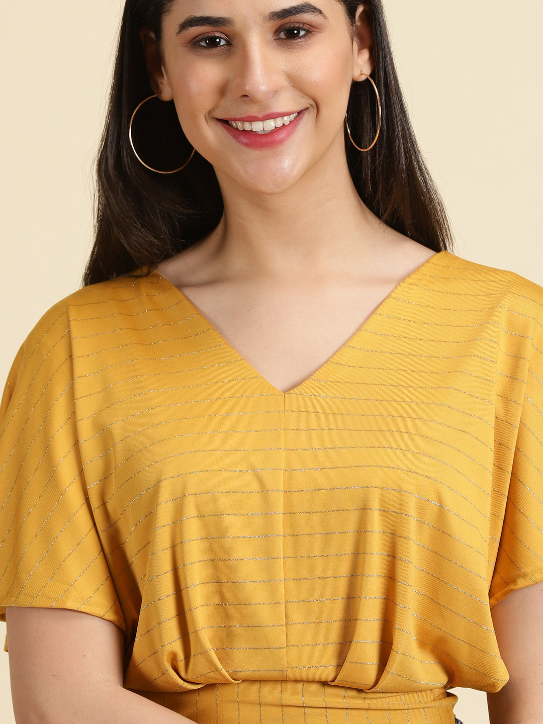 Women's Mustard Striped V-Neck Extended Sleeves Blouson Crop Top