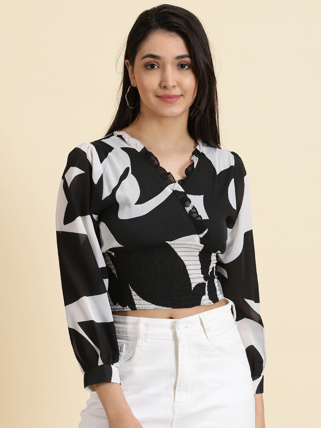Women's Black Printed Puff Sleeves Cinched Waist Crop Top