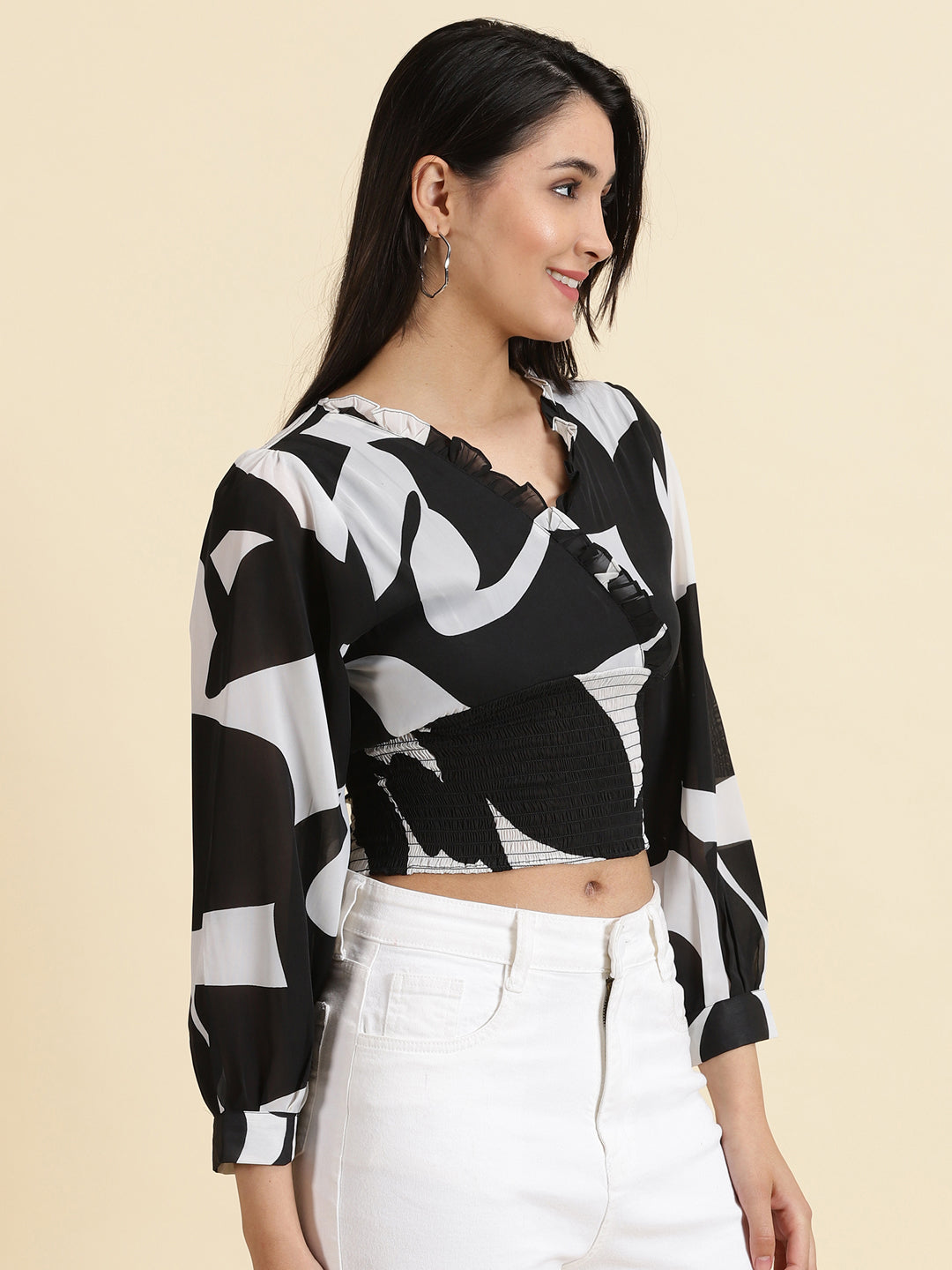 Women's Black Printed Puff Sleeves Cinched Waist Crop Top
