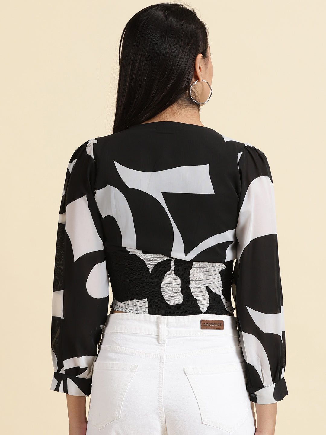 Women's Black Printed Puff Sleeves Cinched Waist Crop Top