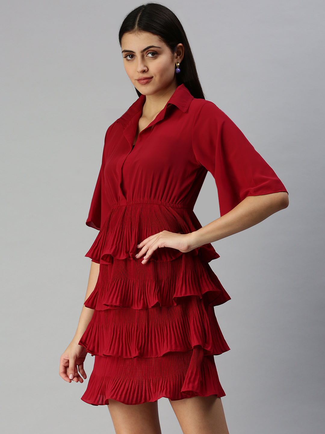 Women's Maroon Chiffon Fit and Flare Ruffled Dress
