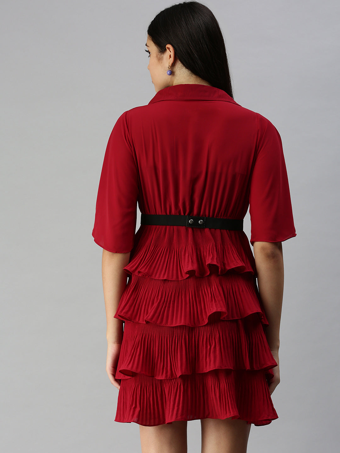 Women's Maroon Chiffon Fit and Flare Ruffled Dress