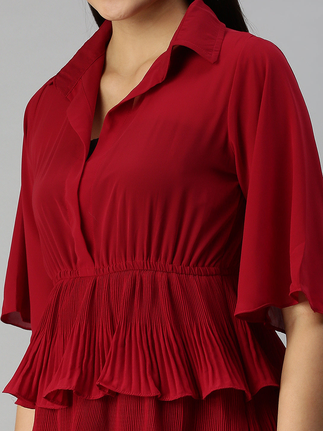 Women's Maroon Chiffon Fit and Flare Ruffled Dress