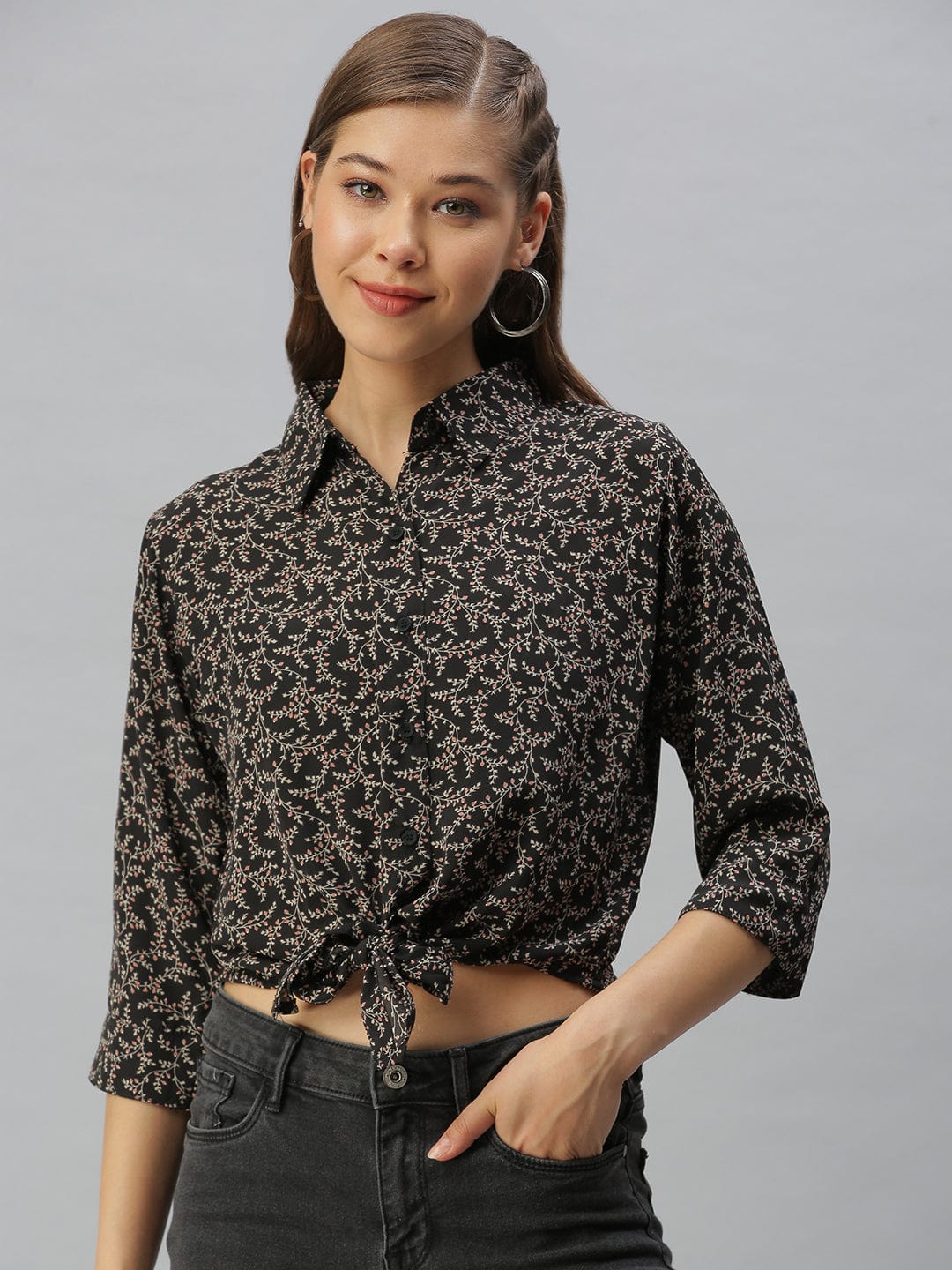 Women's Black Comfort Floral Printed Casual Shirt
