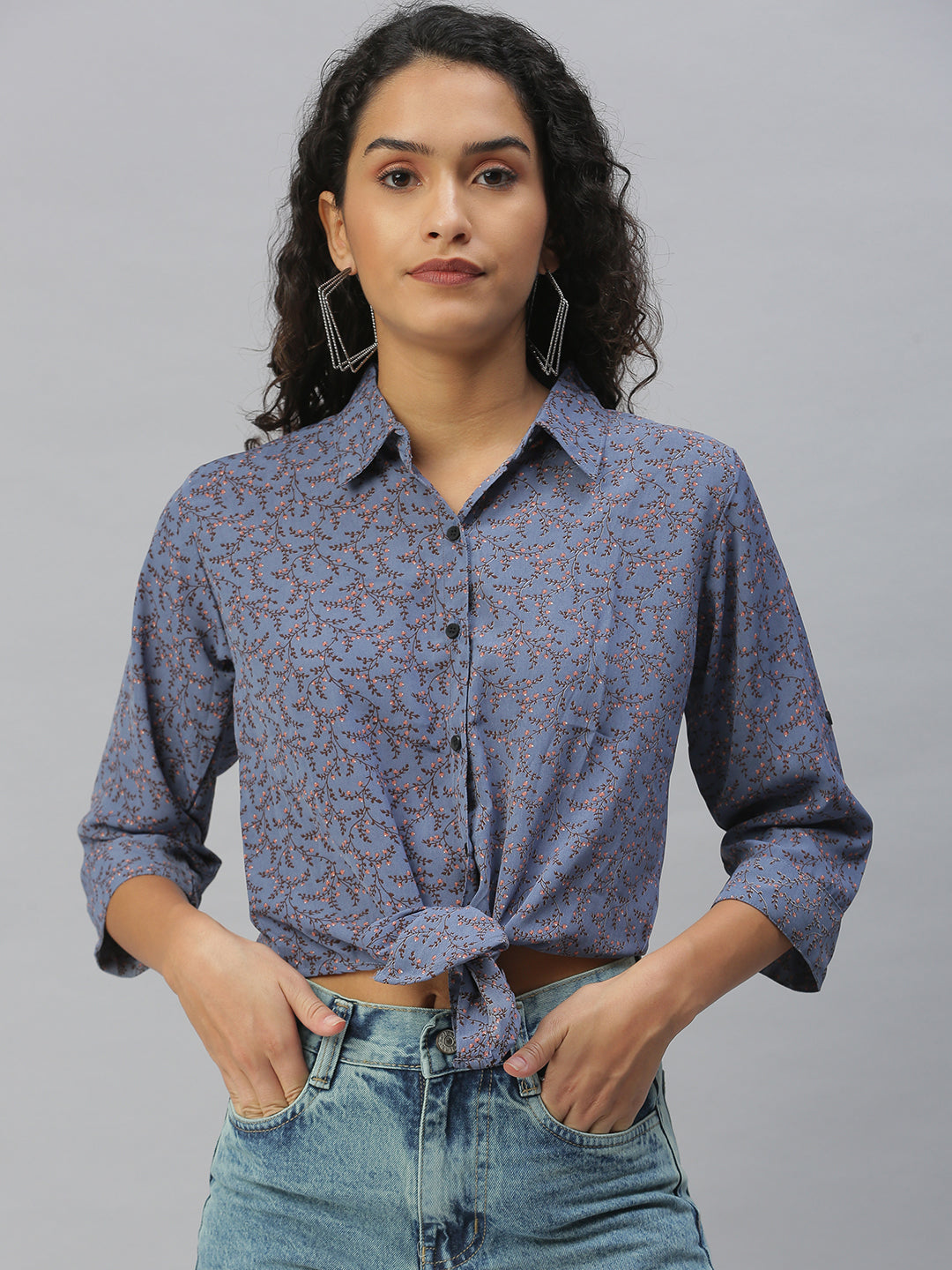 Women's Blue Comfort Floral Printed Casual Shirt