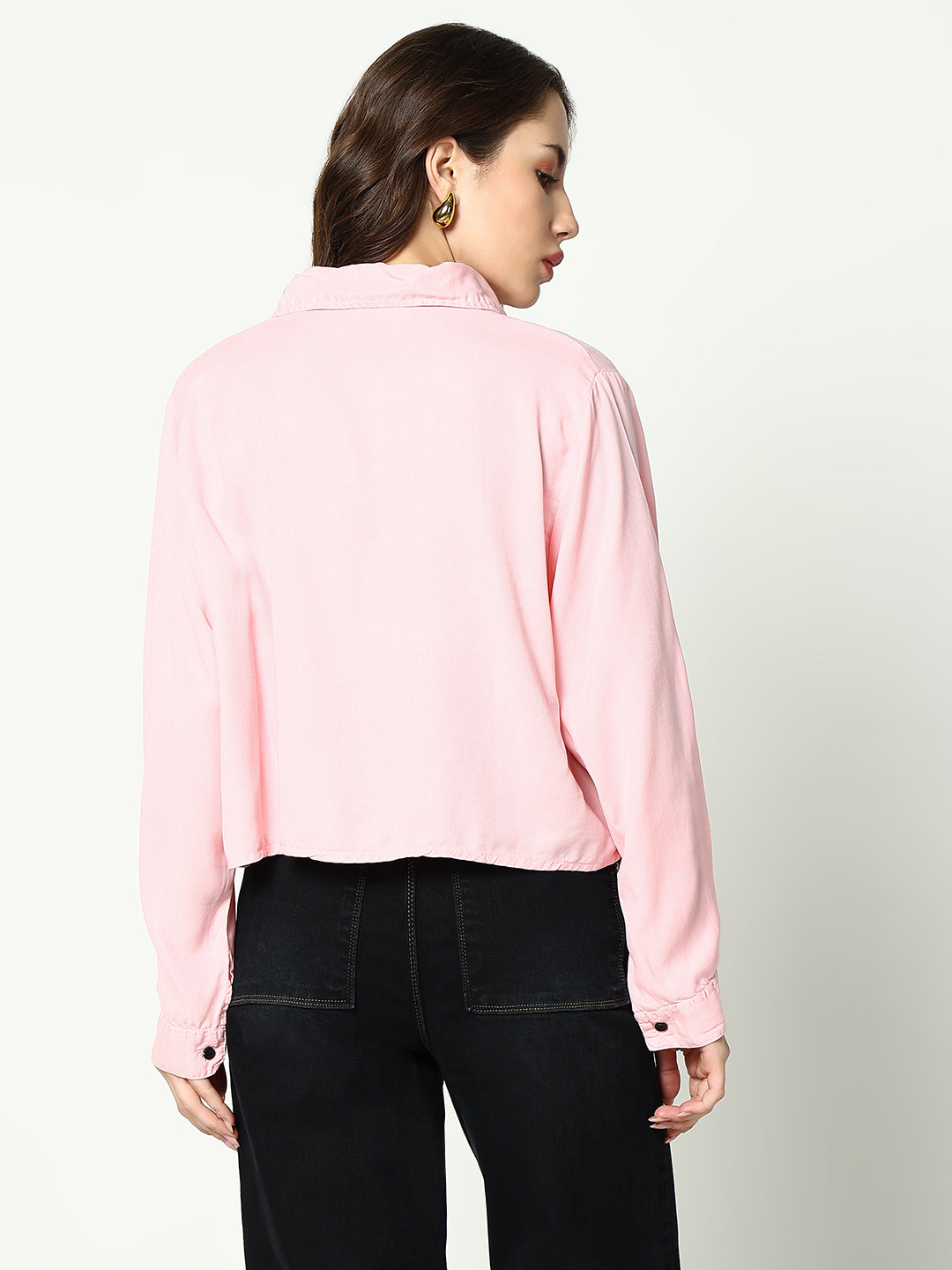 Women's Pink Spread Collar Casual Crop Shirt