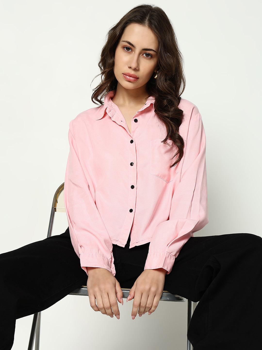 Women's Pink Spread Collar Casual Crop Shirt