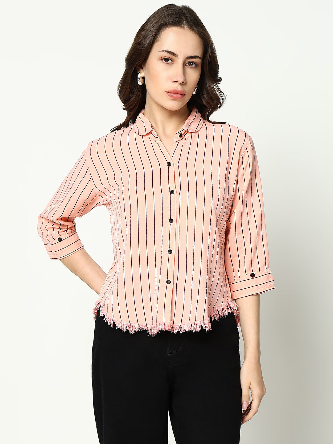 Women's Peach Striped Casual Shirt