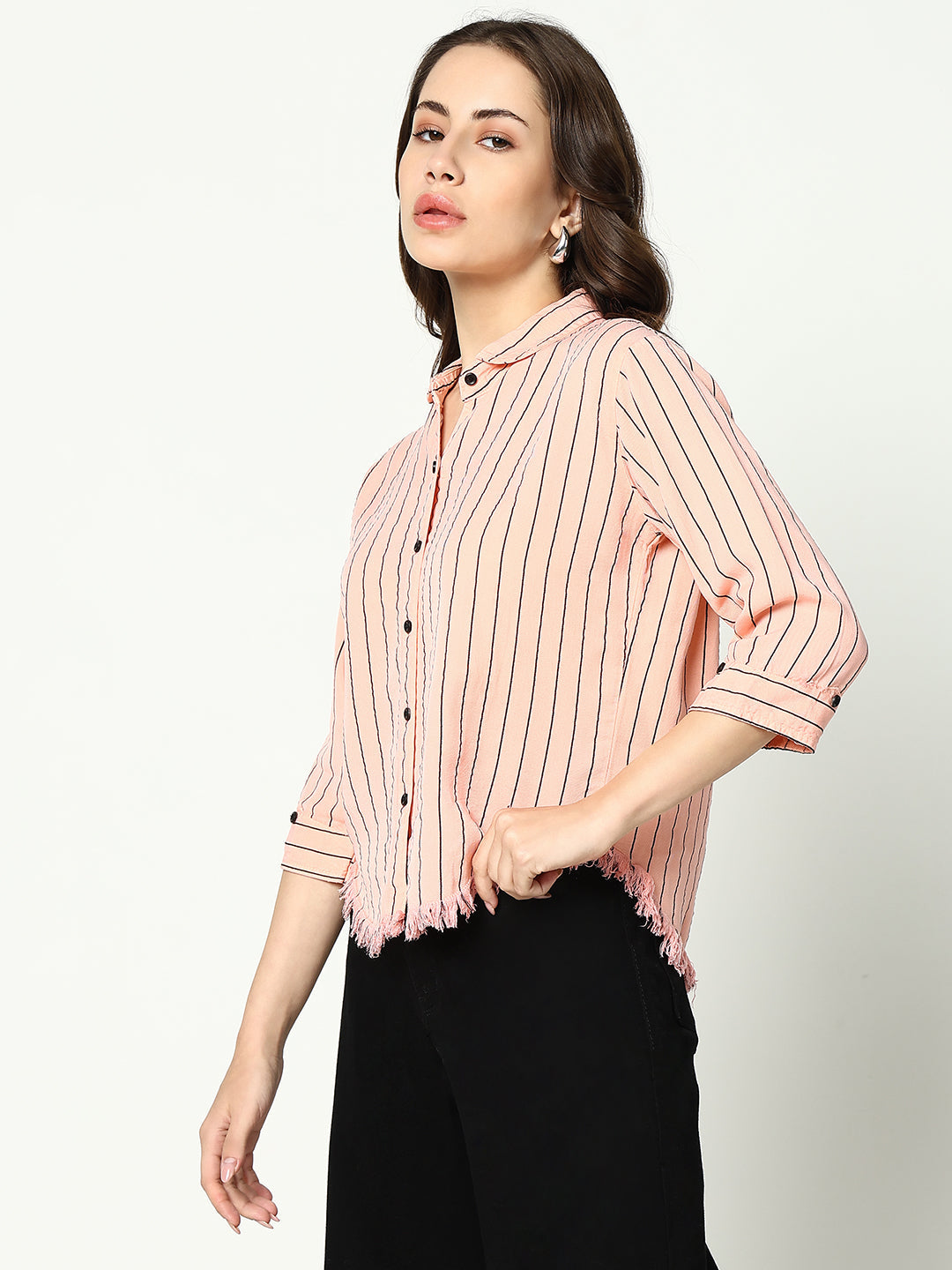 Women's Peach Striped Casual Shirt