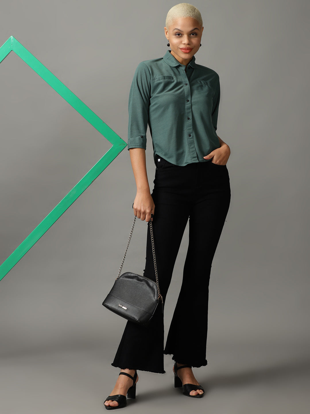 Women's Green Peter Pan Collar Casual Shirt